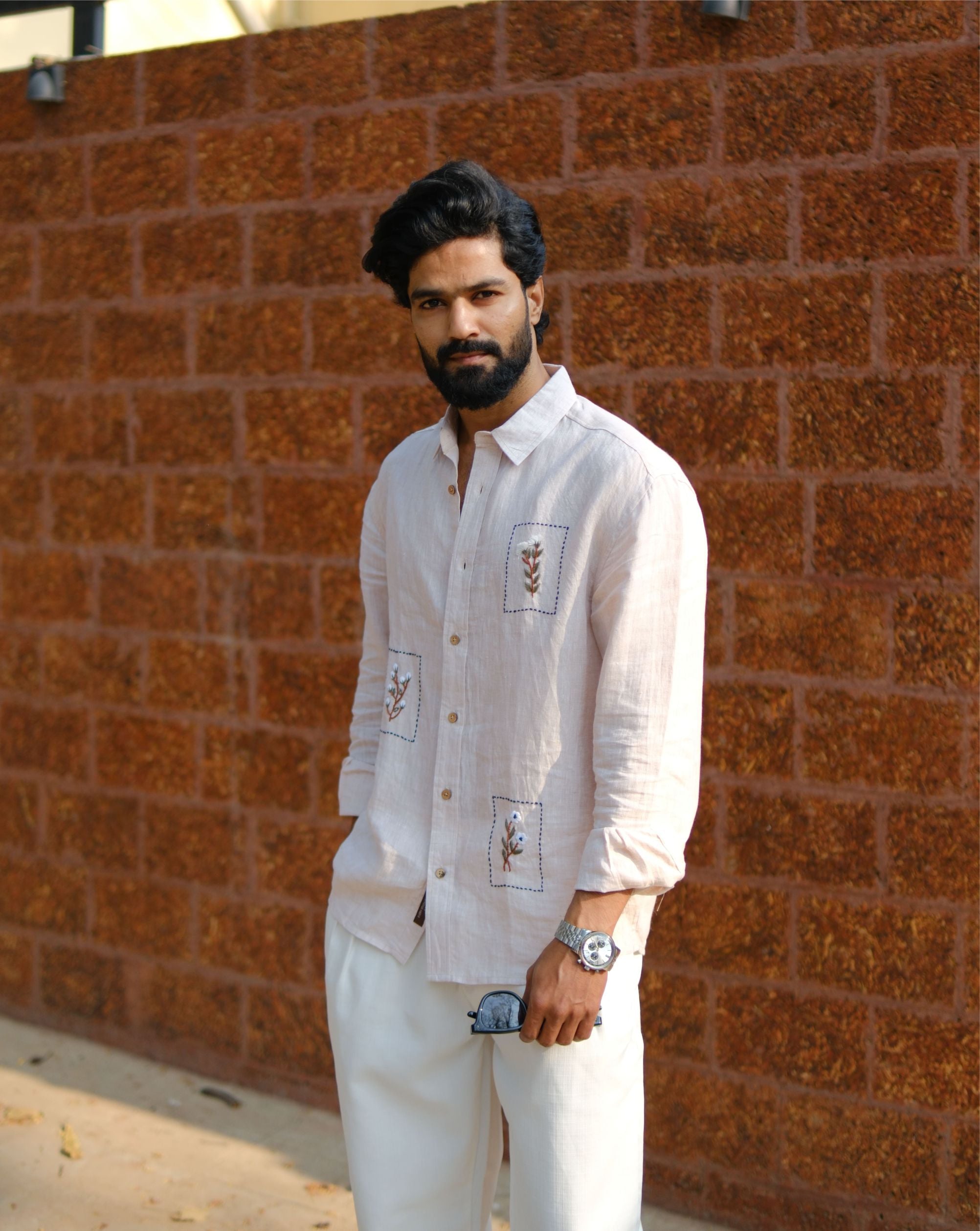 Men’s 100% Linen Shirt – Hand Embroidered Beige