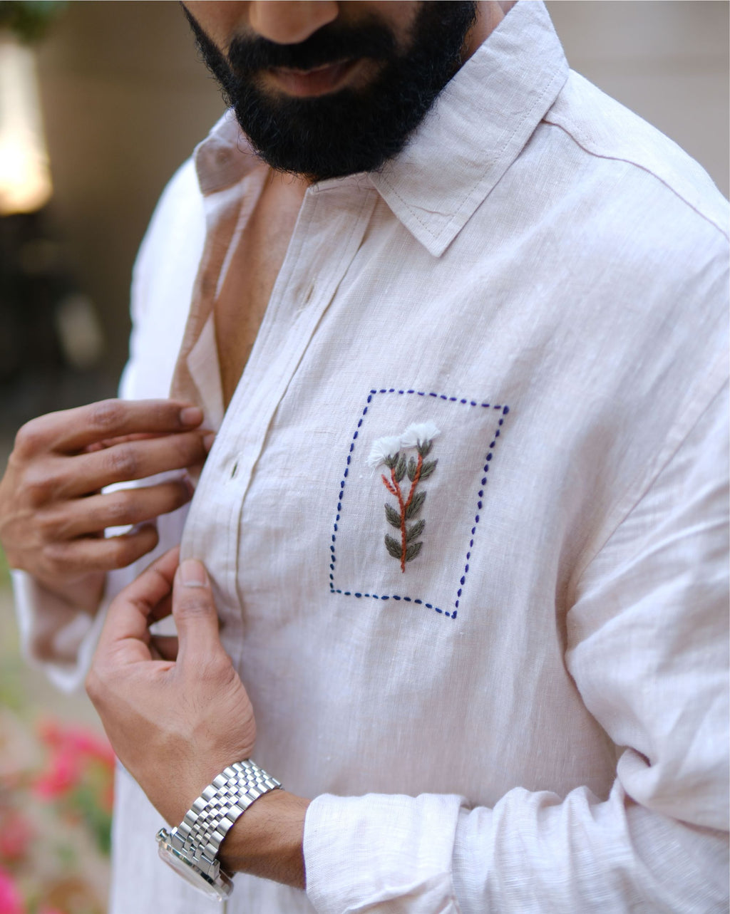 Men’s 100% Linen Shirt – Hand Embroidered Beige