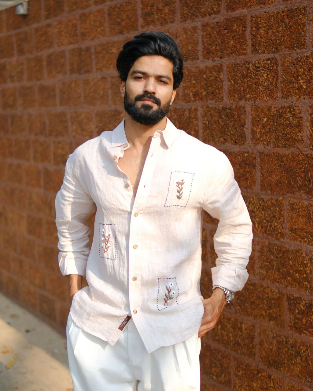 Men’s 100% Linen Shirt – Hand Embroidered Beige