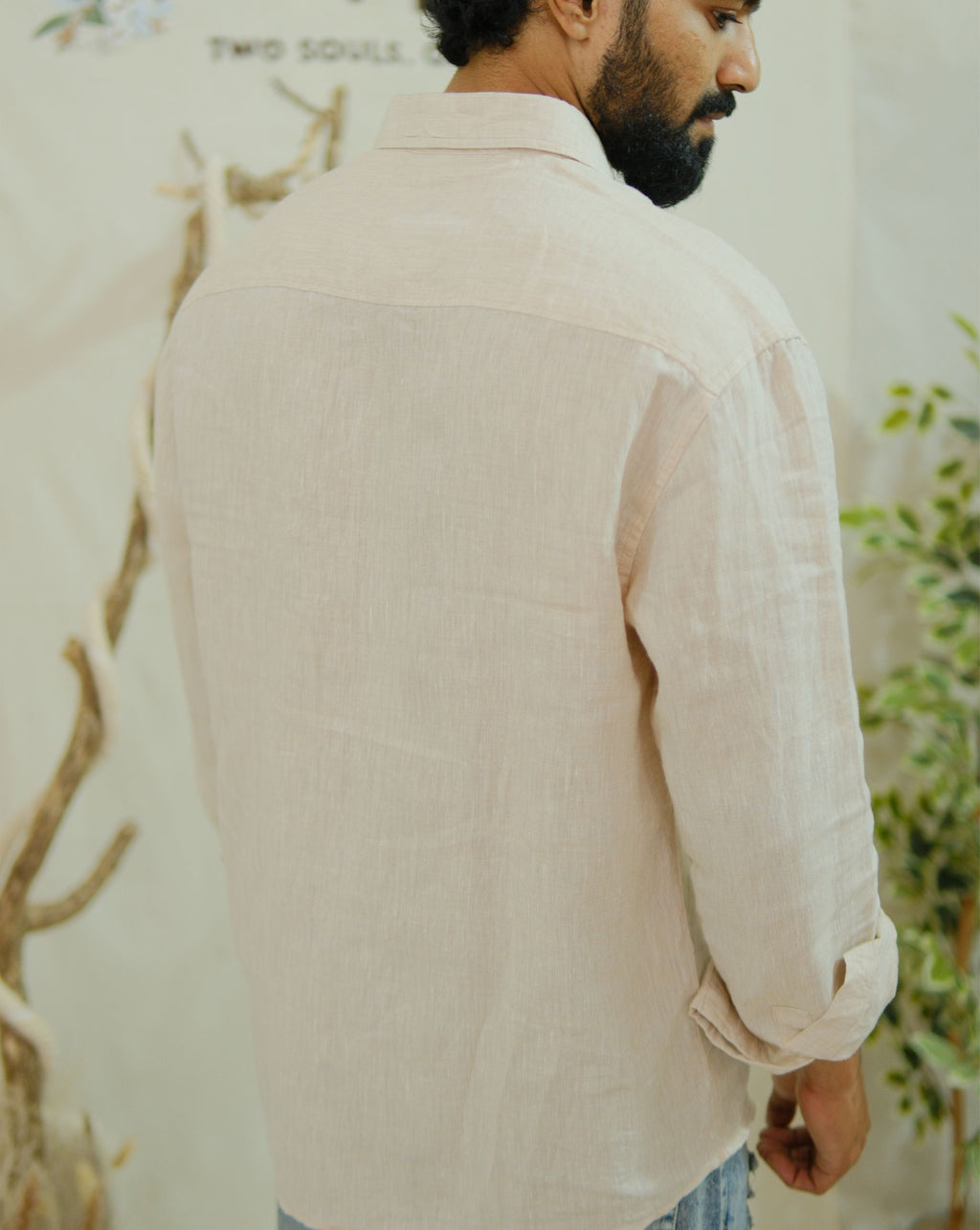 Men’s 100% Linen Shirt – Hand Embroidered Beige