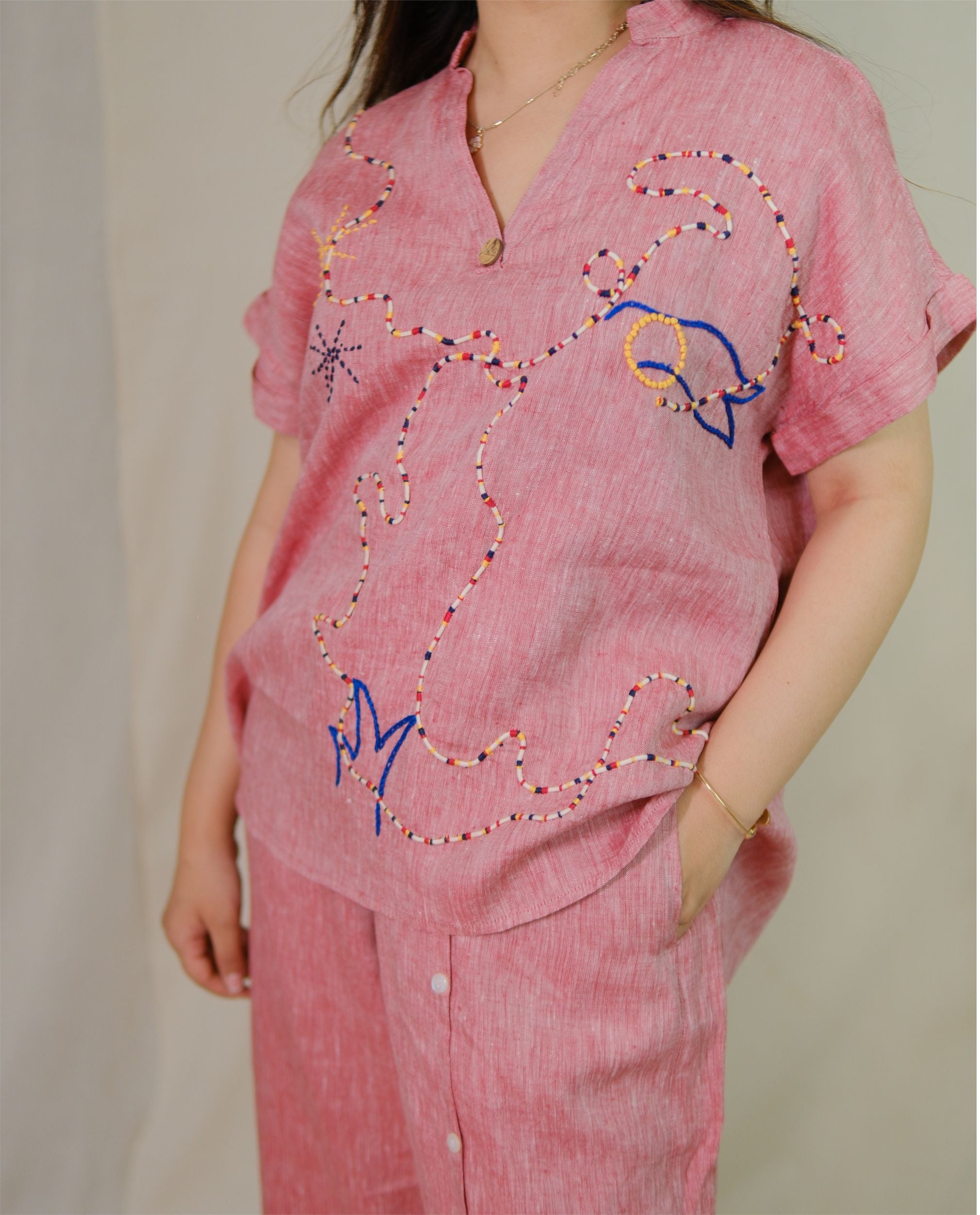Women’s 100% Linen Co-Ord set Hand Embroidered Red