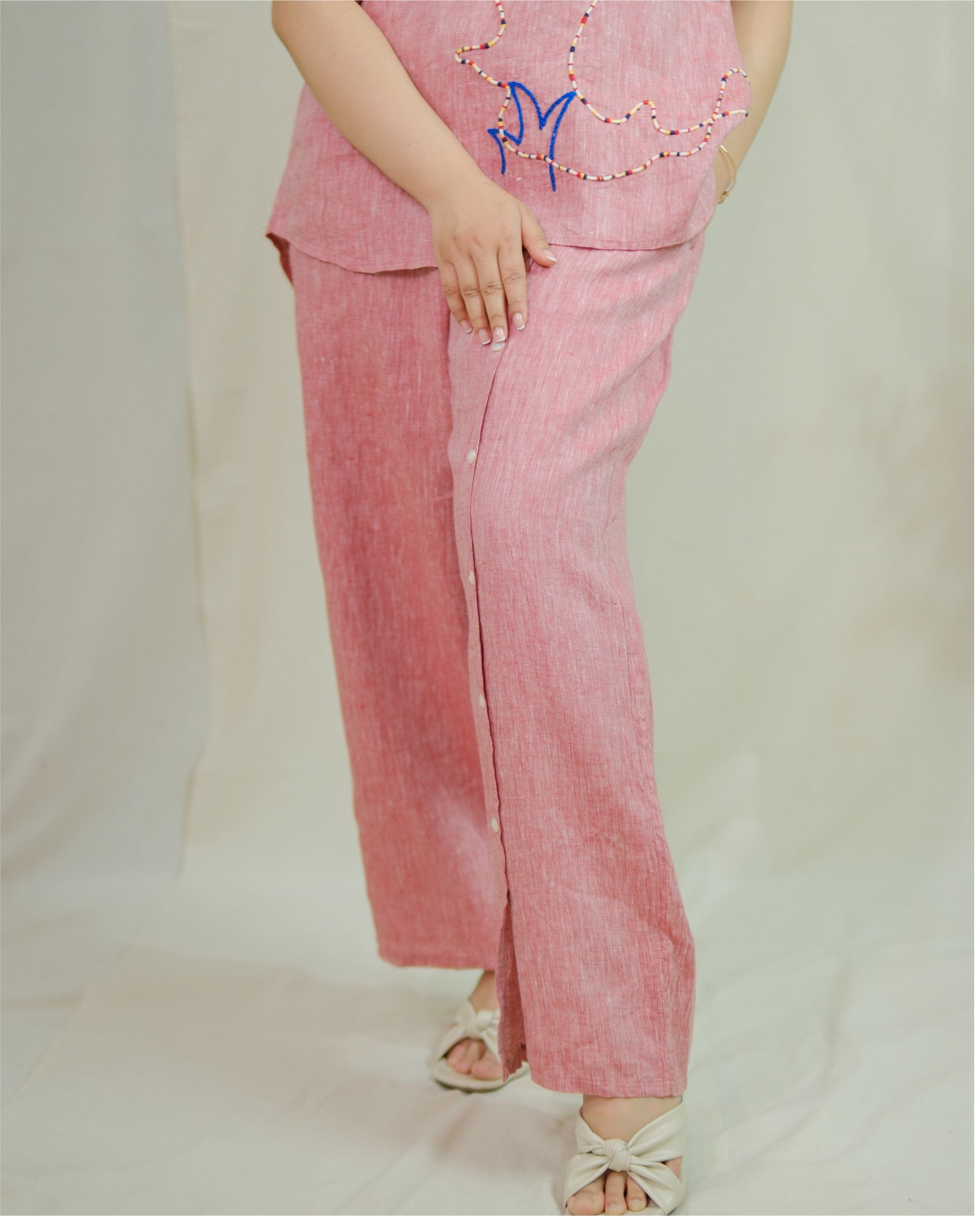 Women’s 100% Linen Co-Ord set Hand Embroidered Red