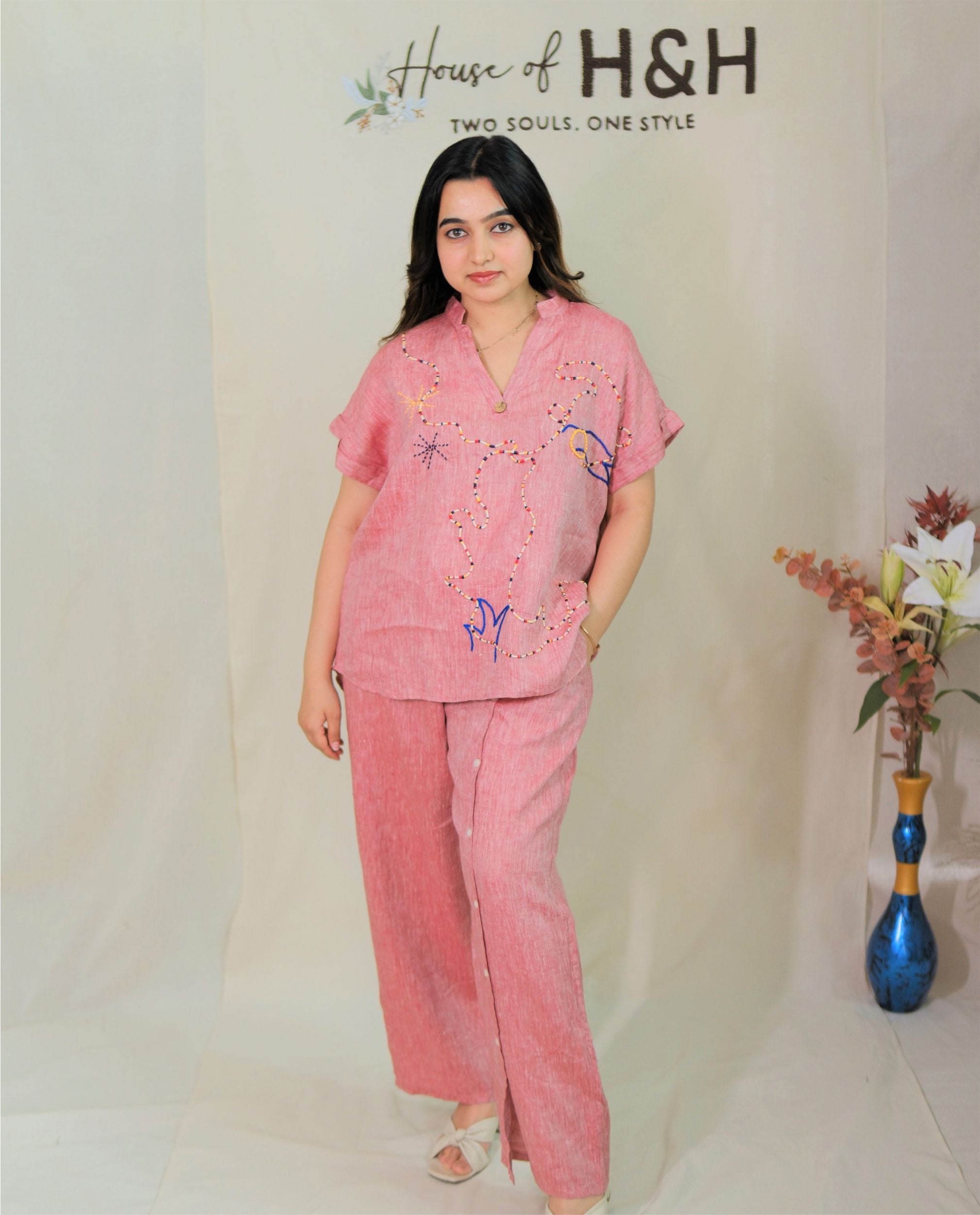 Women’s 100% Linen Co-Ord set Hand Embroidered Red