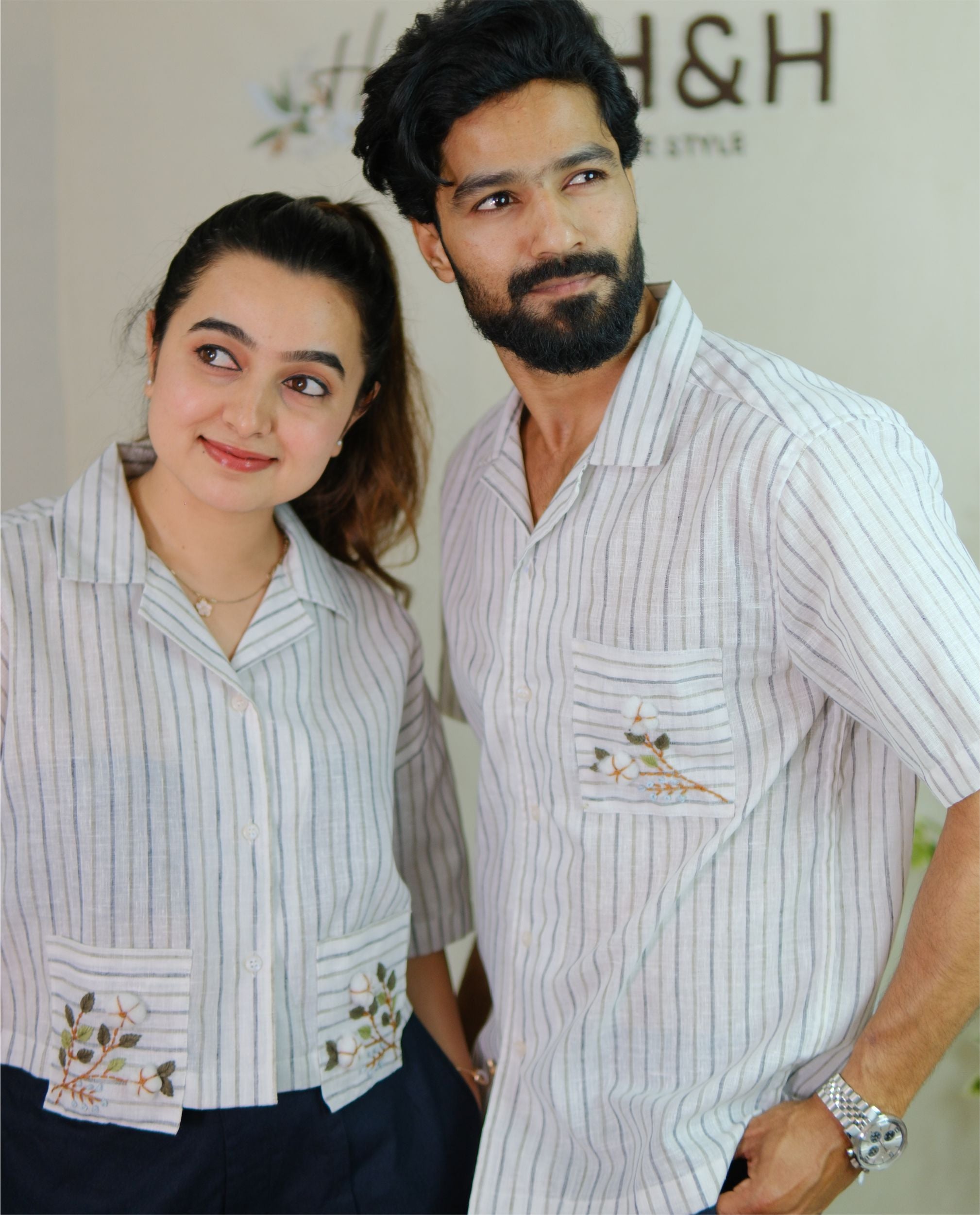Couple Cotton Linen Shirt – Hand Embroidered Blue Striped