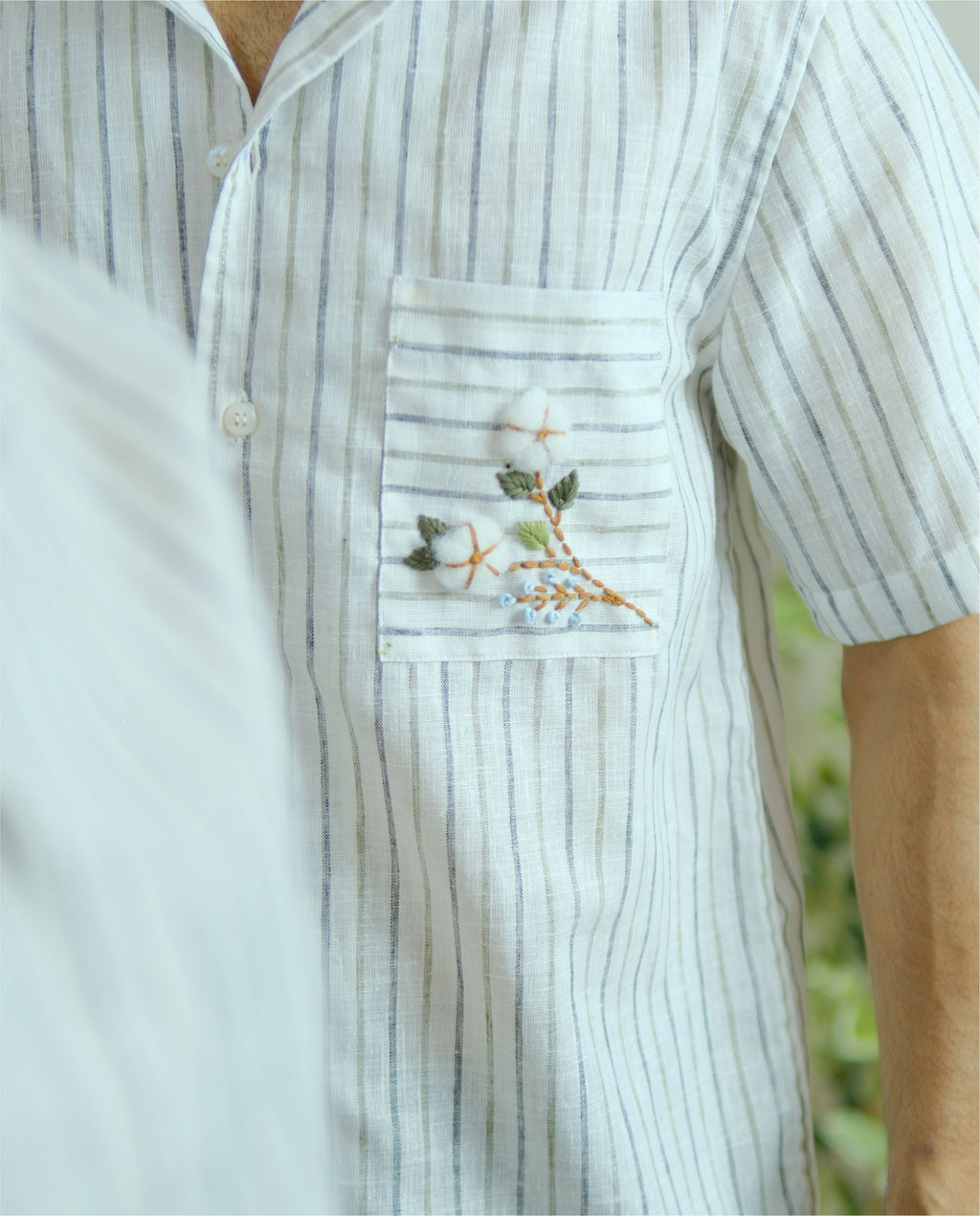 Couple Cotton Linen Shirt – Hand Embroidered Blue Striped