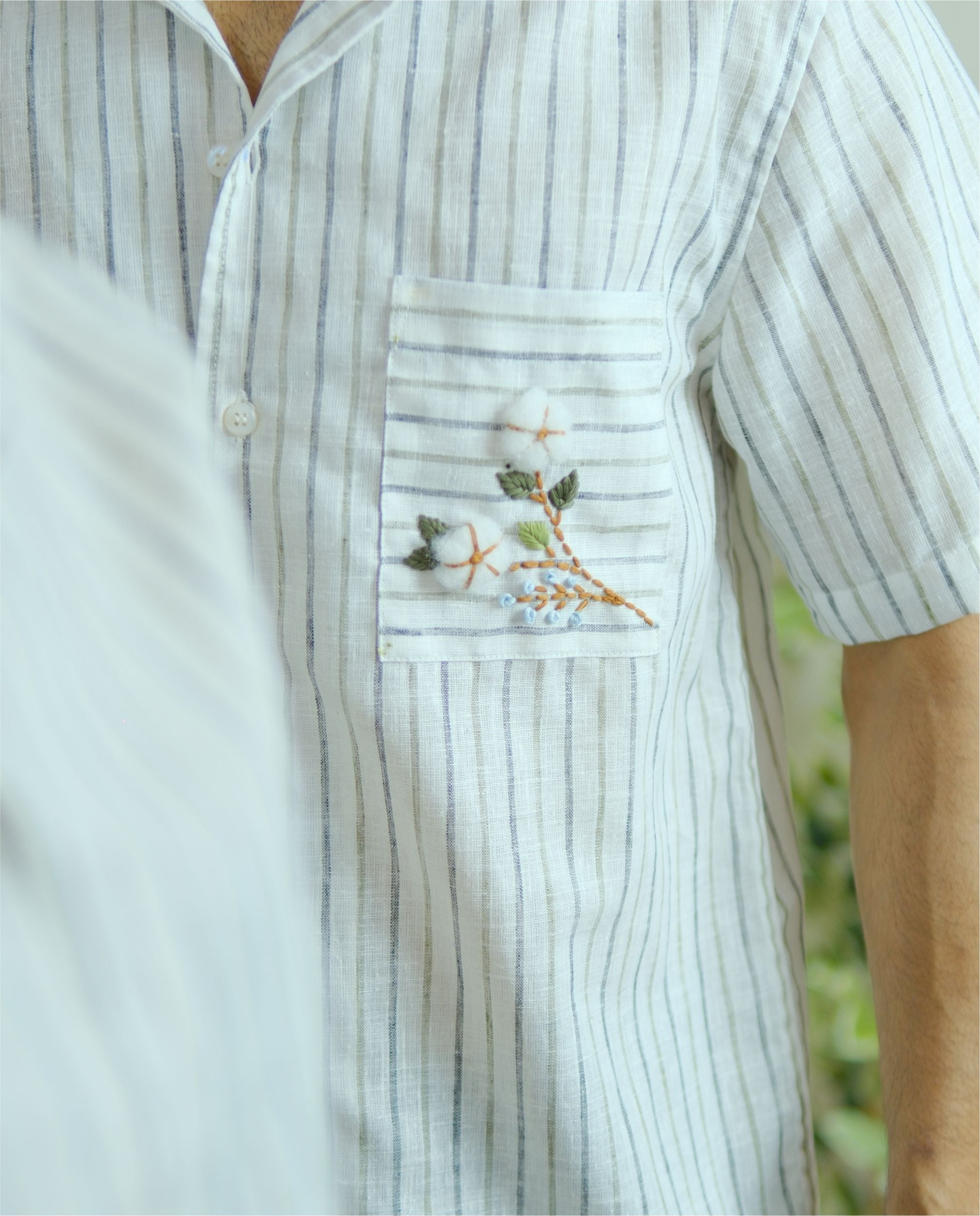 Couple Cotton Linen Shirt – Hand Embroidered Blue Striped