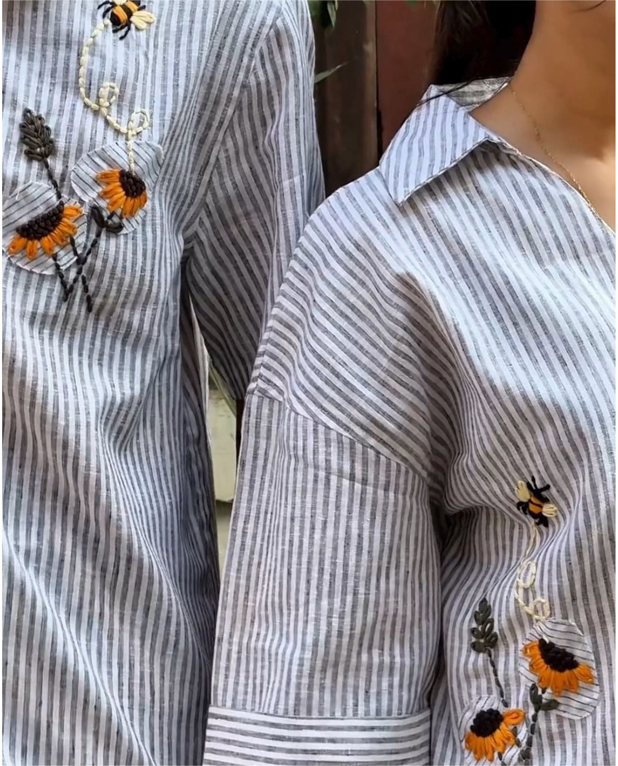 Couple  Cotton linen Set - Sunflowers Embroidery Black Striped