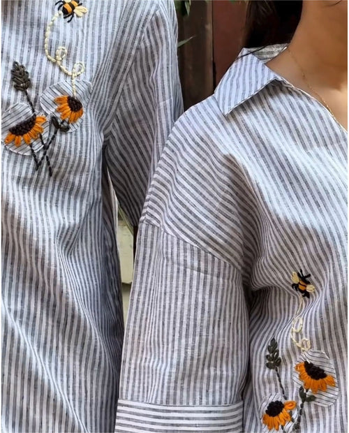 Couple  Cotton linen Set - Sunflowers Embroidery Black Striped