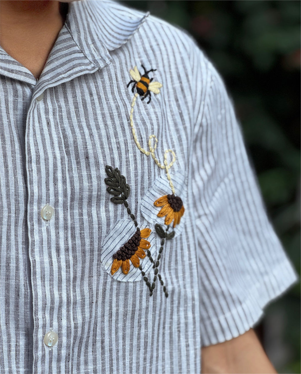 Couple  Cotton linen Set - Sunflowers Embroidery Black Striped