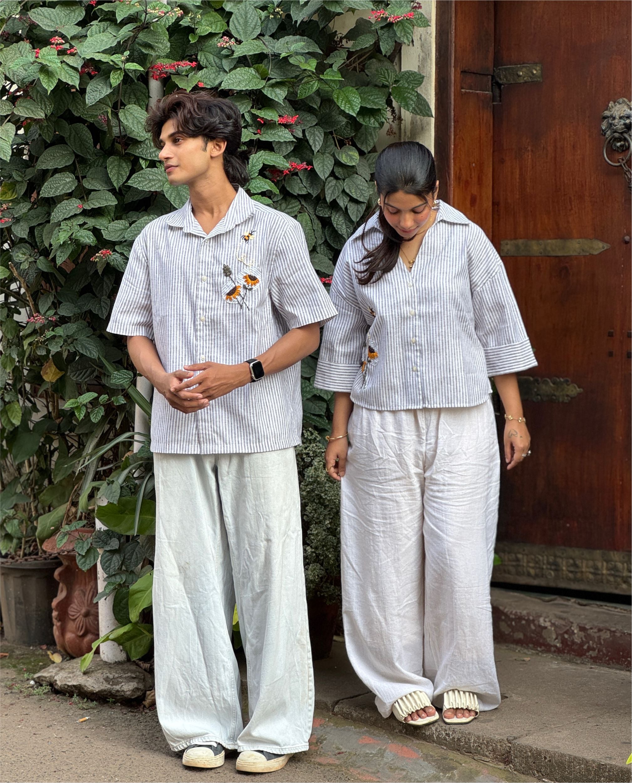 Couple  Cotton linen Set - Sunflowers Embroidery Black Striped
