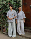 Couple  Cotton linen Set - Sunflowers Embroidery Black Striped