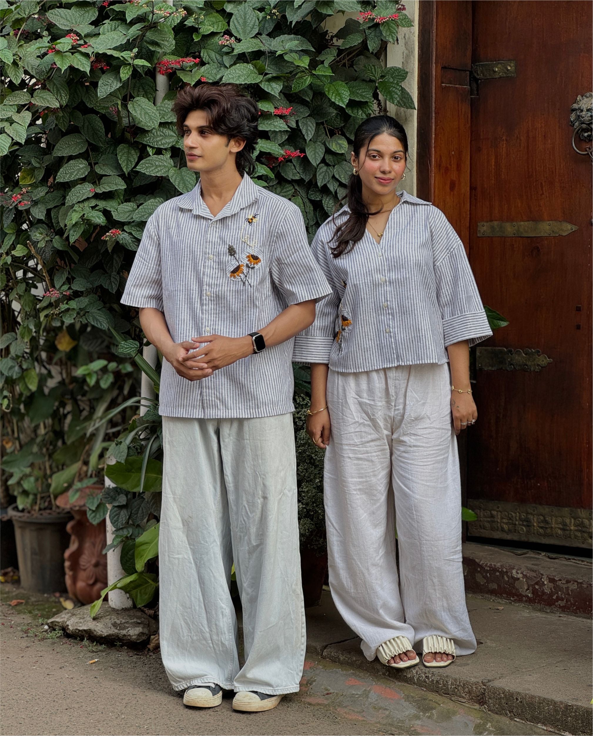 Couple  Cotton linen Set - Sunflowers Embroidery Black Striped