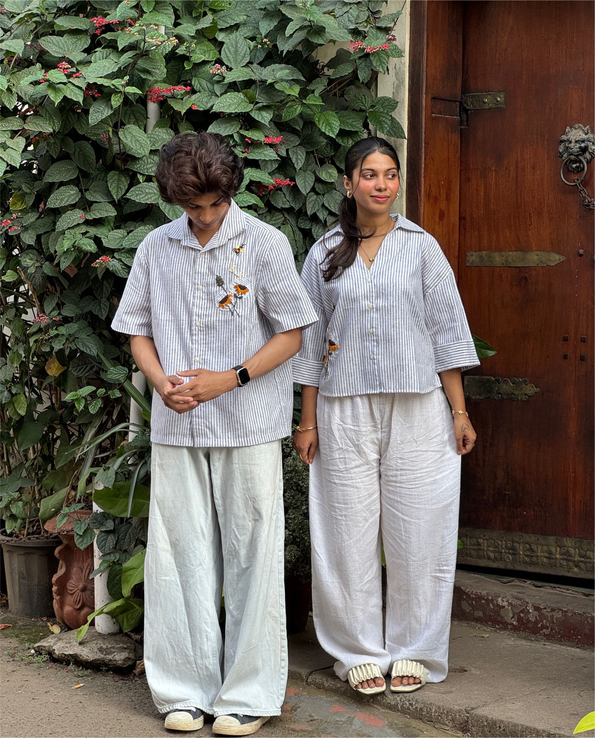 Couple  Cotton linen Set - Sunflowers Embroidery Black Striped