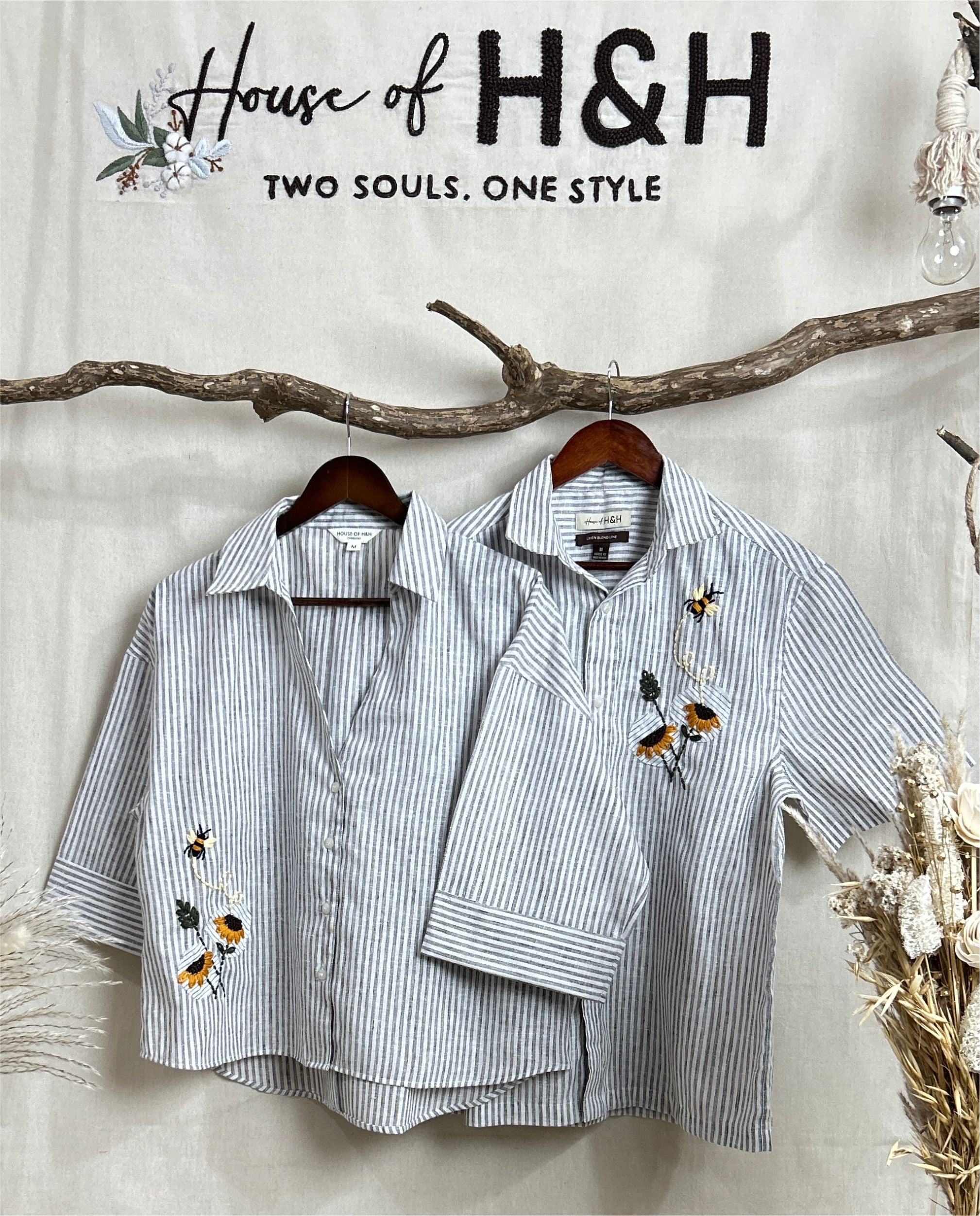 Couple  Cotton linen Set - Sunflowers Embroidery Black Striped