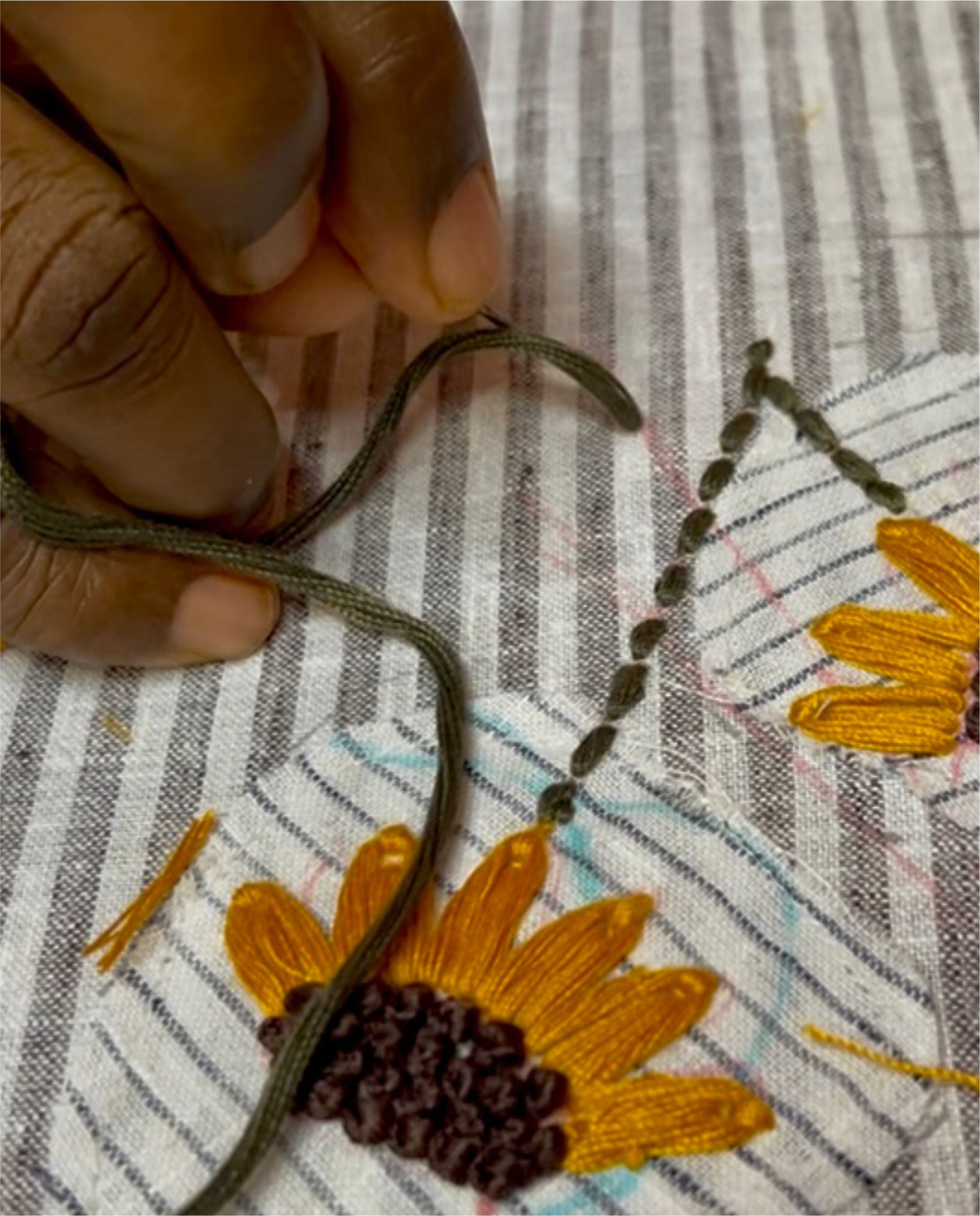 Couple  Cotton linen Set - Sunflowers Embroidery Black Striped