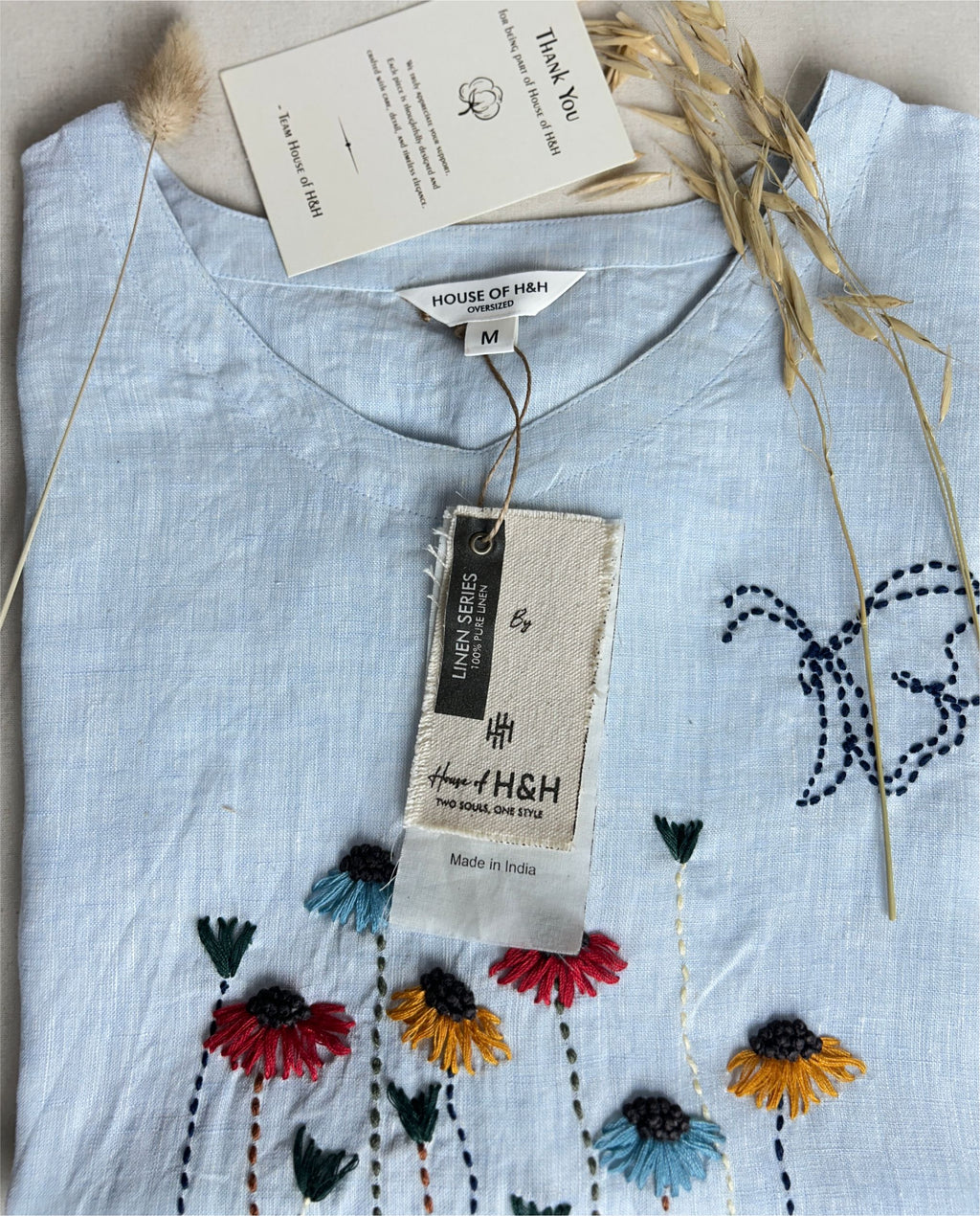 Women 100% Linen Top - Sunflowers Hand embroidery Ice Blue