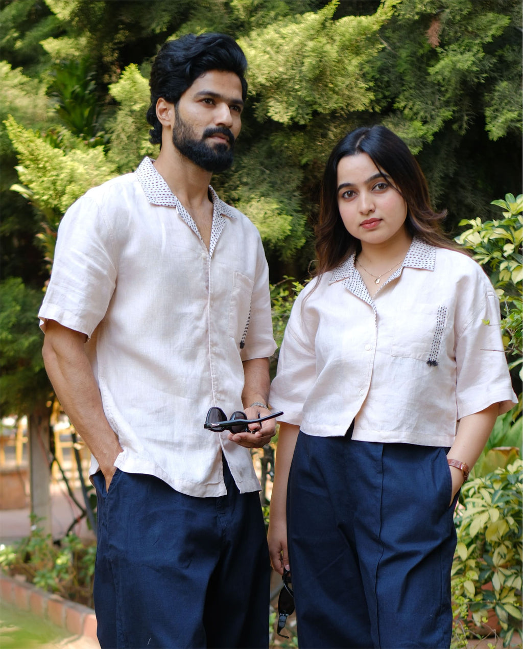 Couple 100% Linen Shirt - Kantha Stich Embroidery Beige