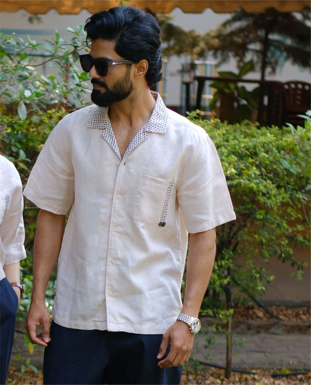 Couple 100% Linen Shirt - Kantha Stich Embroidery Beige