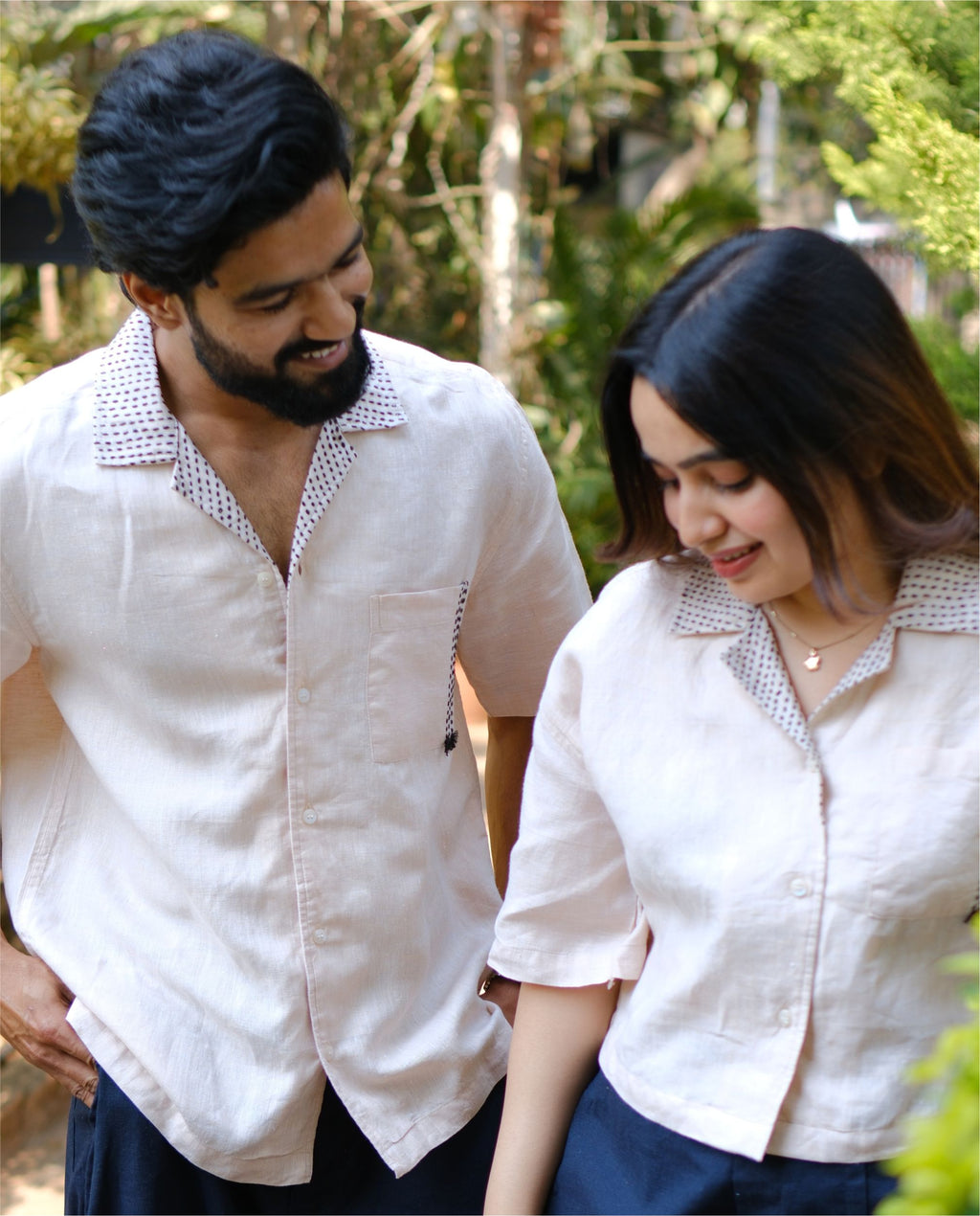 Couple 100% Linen Shirt - Kantha Stich Embroidery Beige