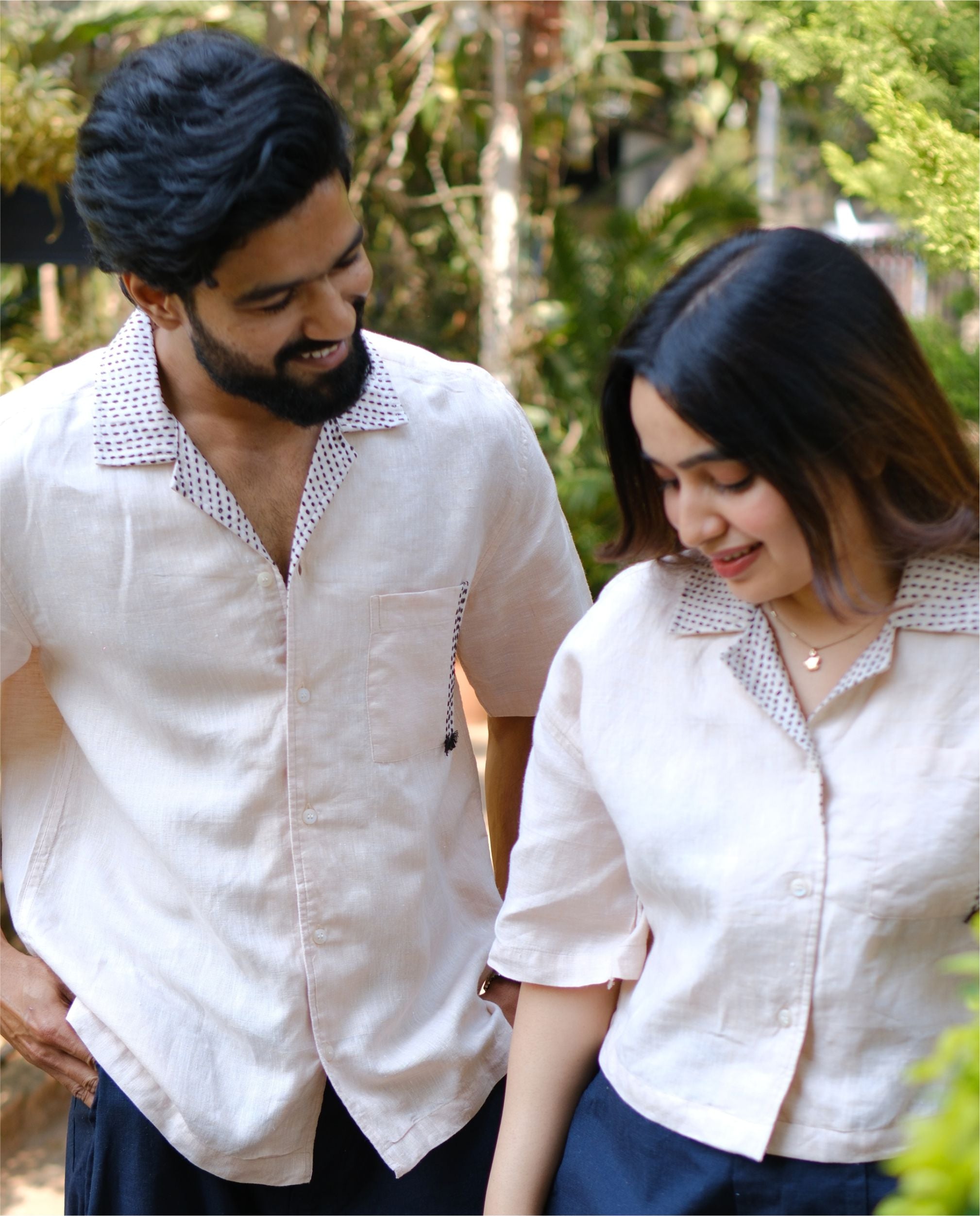 Couple 100% Linen Shirt - Kantha Stich Embroidery Beige