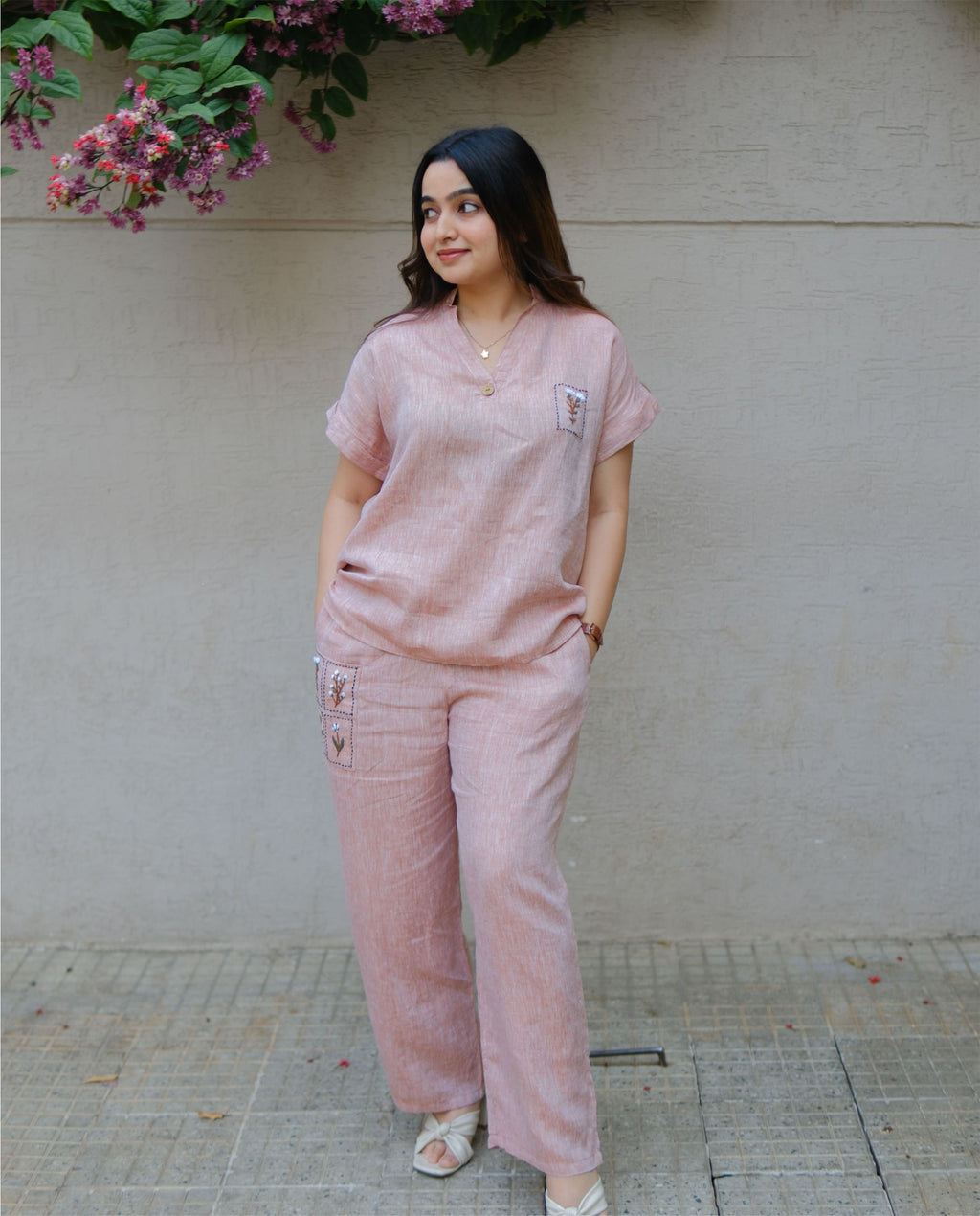 Women’s 100% Linen Co-Ord set Hand Embroidered Orange