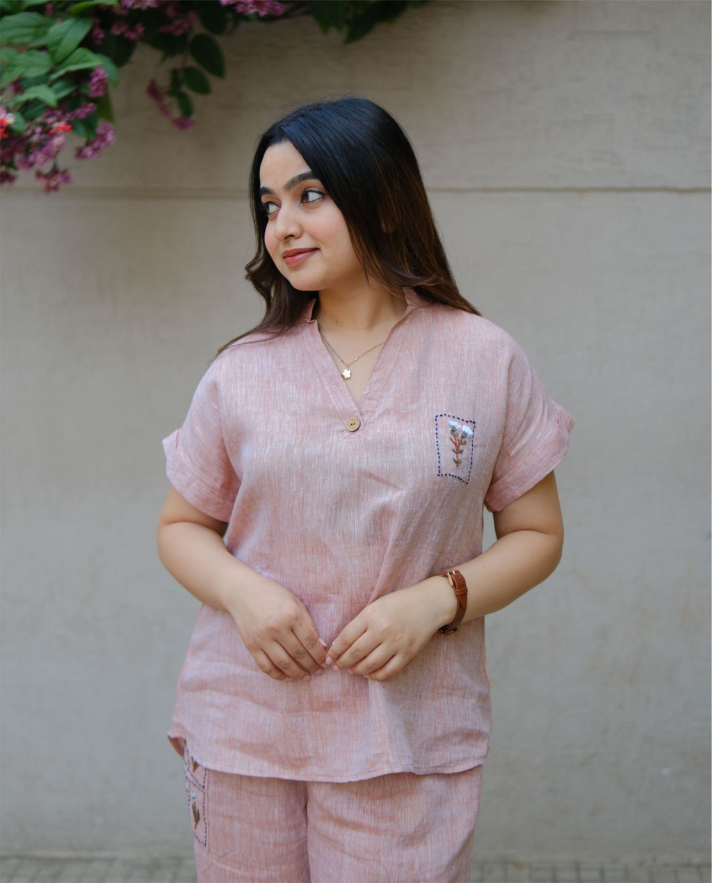 Women’s 100% Linen Co-Ord set Hand Embroidered Orange