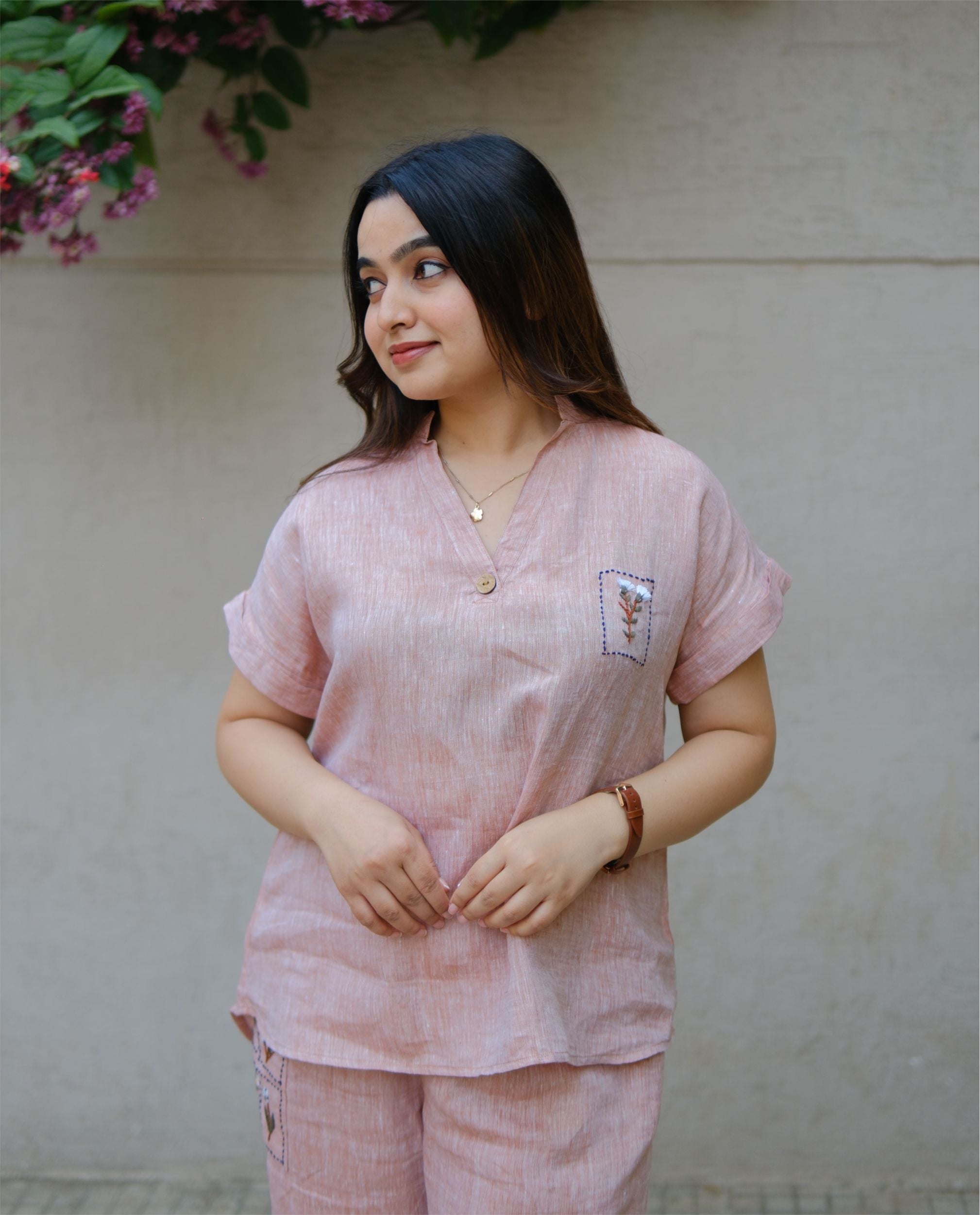 Women’s 100% Linen Co-Ord set Hand Embroidered Orange