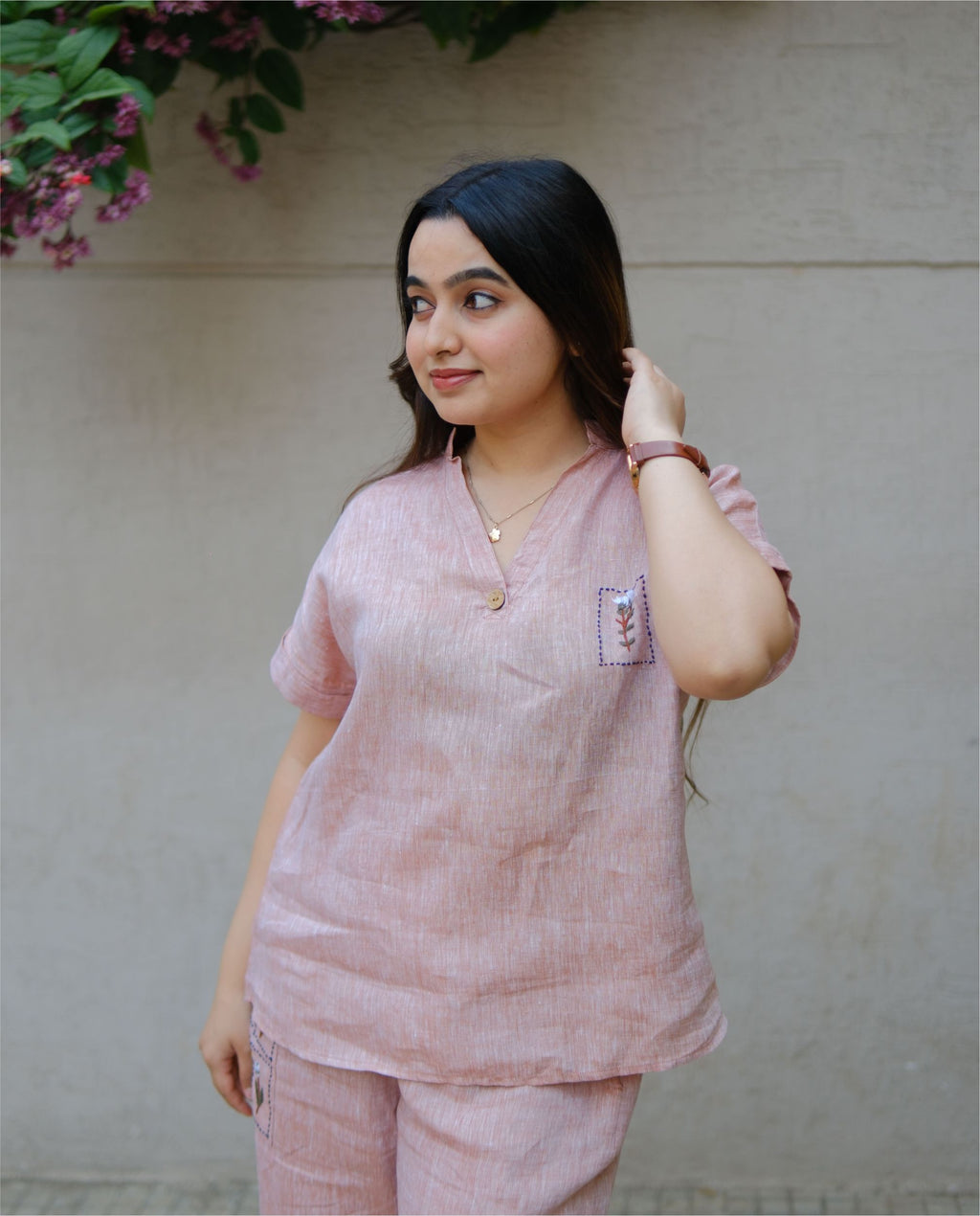 Women’s 100% Linen Co-Ord set Hand Embroidered Orange