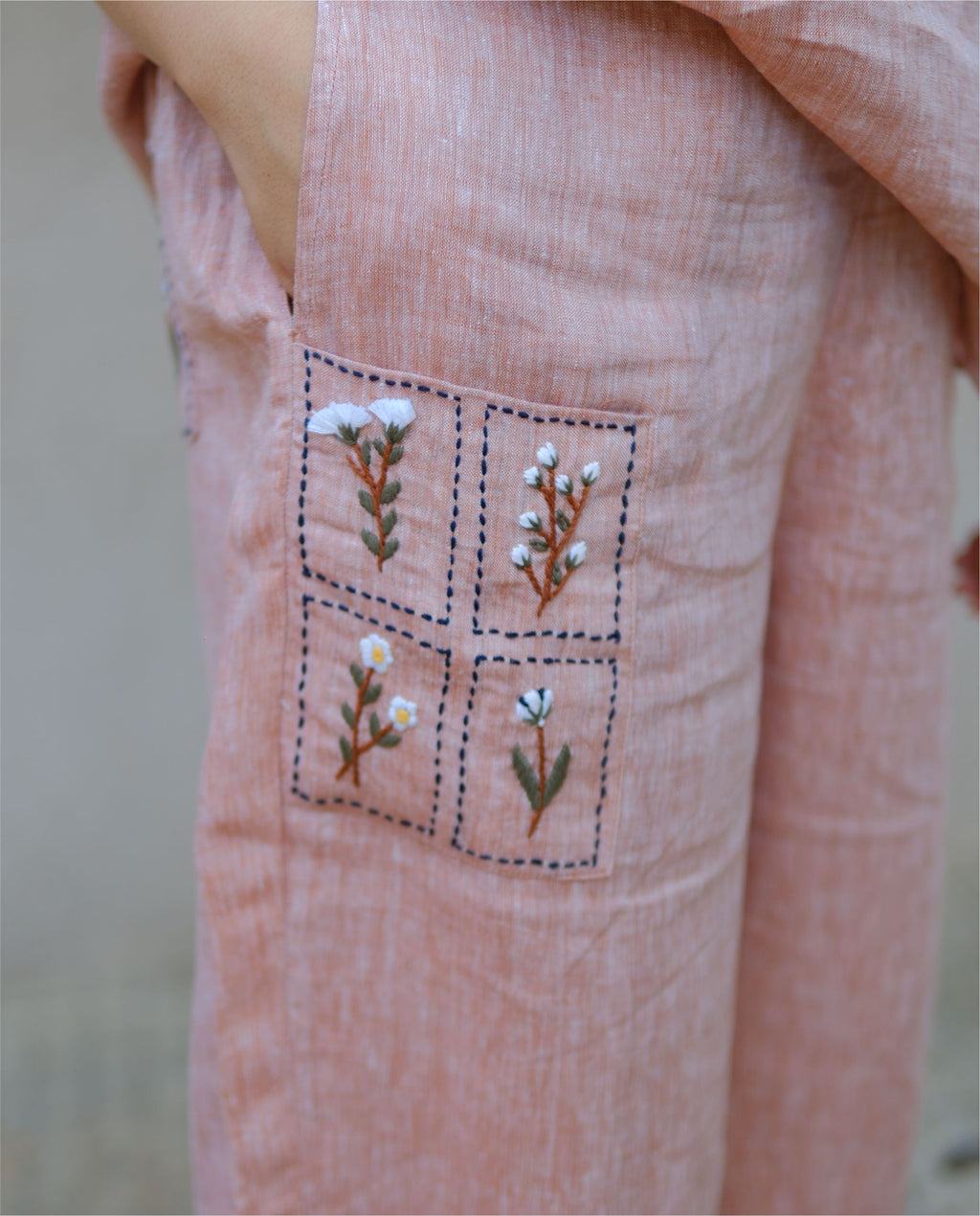 Women’s 100% Linen Co-Ord set Hand Embroidered Orange