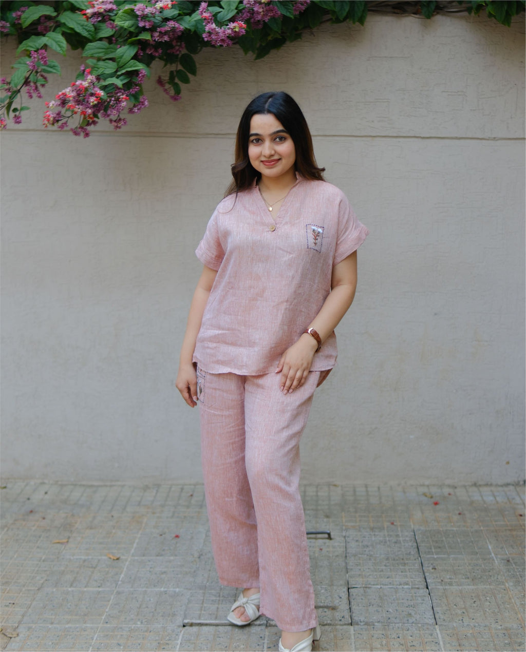 Women’s 100% Linen Co-Ord set Hand Embroidered Orange