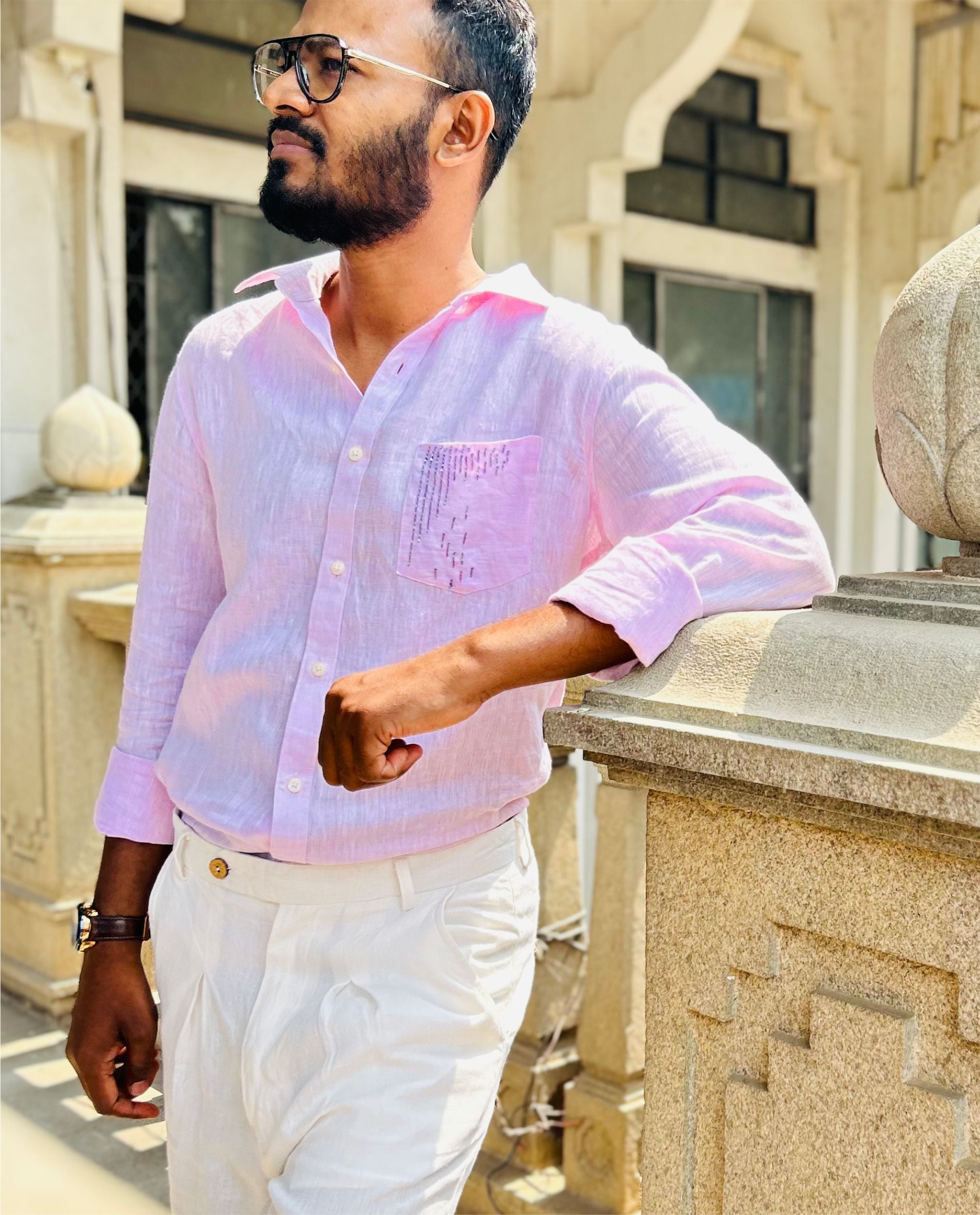 Men’s 100% Linen Shirt –  Beads Hand Embroidered Dusty Pink