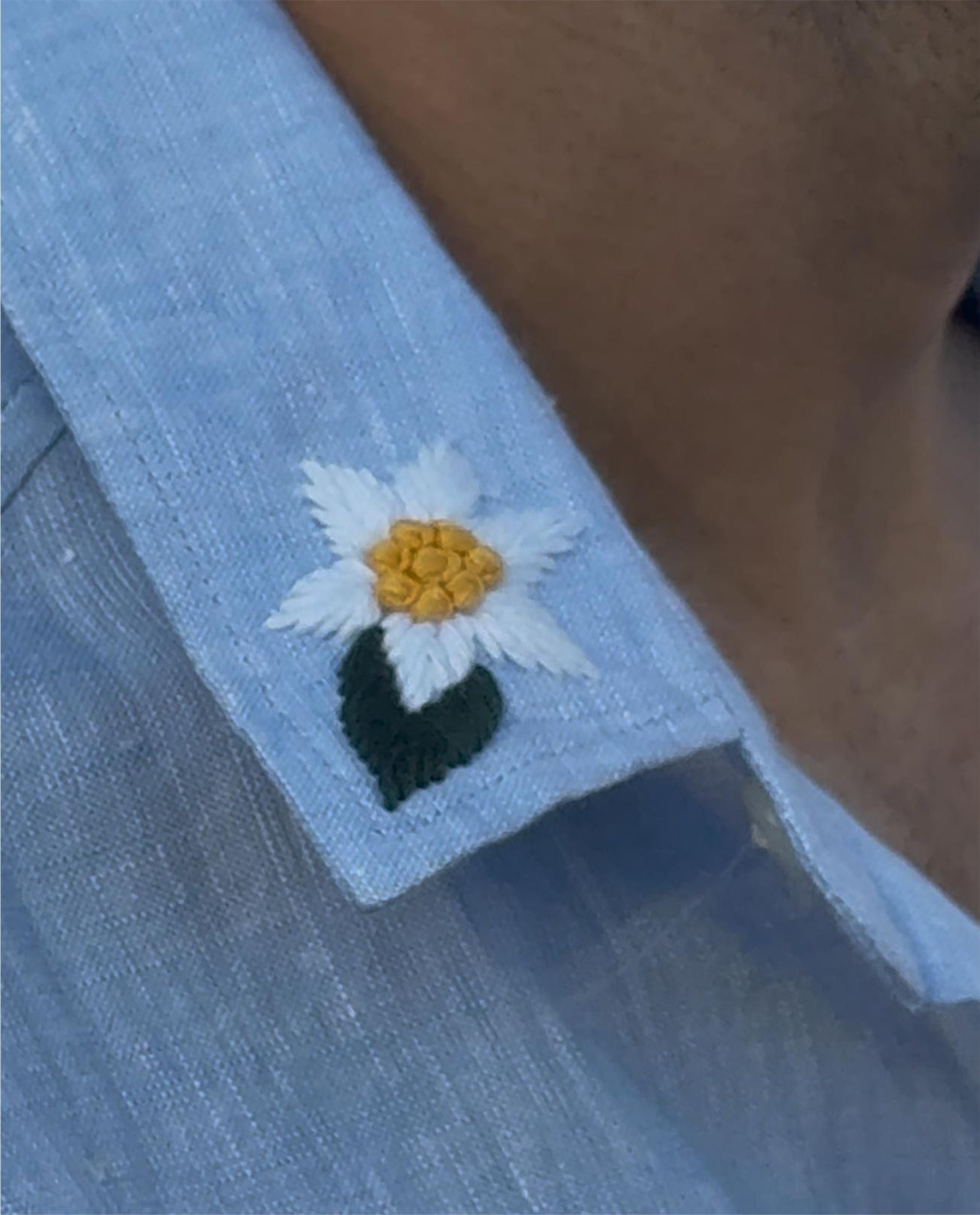 Men’s 100% Linen Shirt – Hand Embroidered Blue