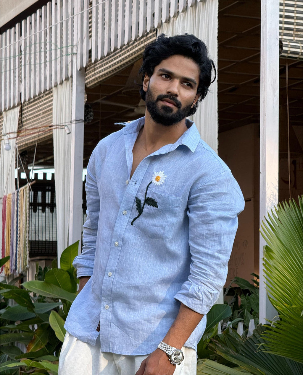 Men’s 100% Linen Shirt – Hand Embroidered Blue