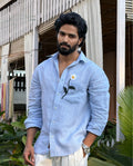 Men’s 100% Linen Shirt – Hand Embroidered Blue