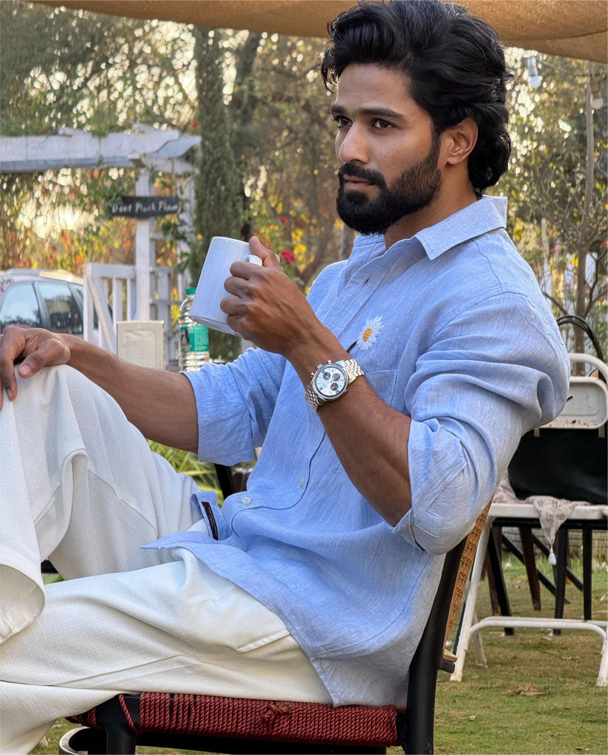 Men’s 100% Linen Shirt – Hand Embroidered Blue