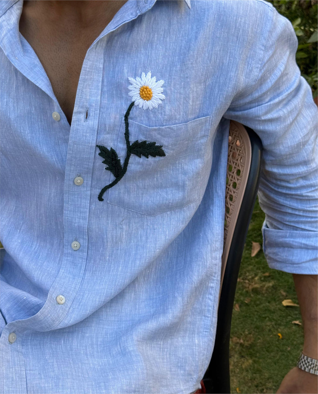 Men’s 100% Linen Shirt – Hand Embroidered Blue