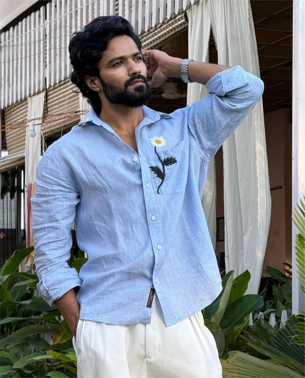 Men’s 100% Linen Shirt – Hand Embroidered Blue