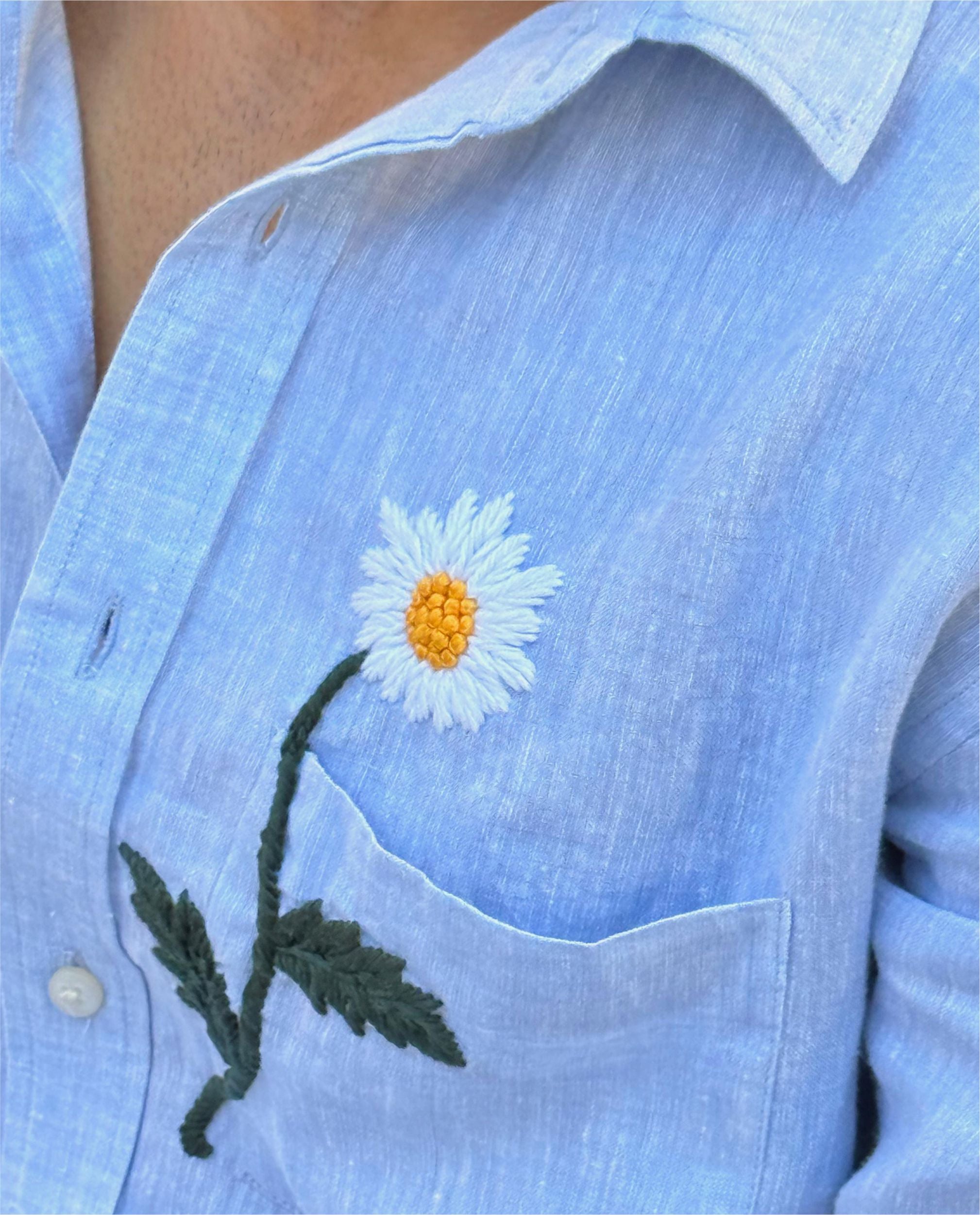 Men’s 100% Linen Shirt – Hand Embroidered Blue