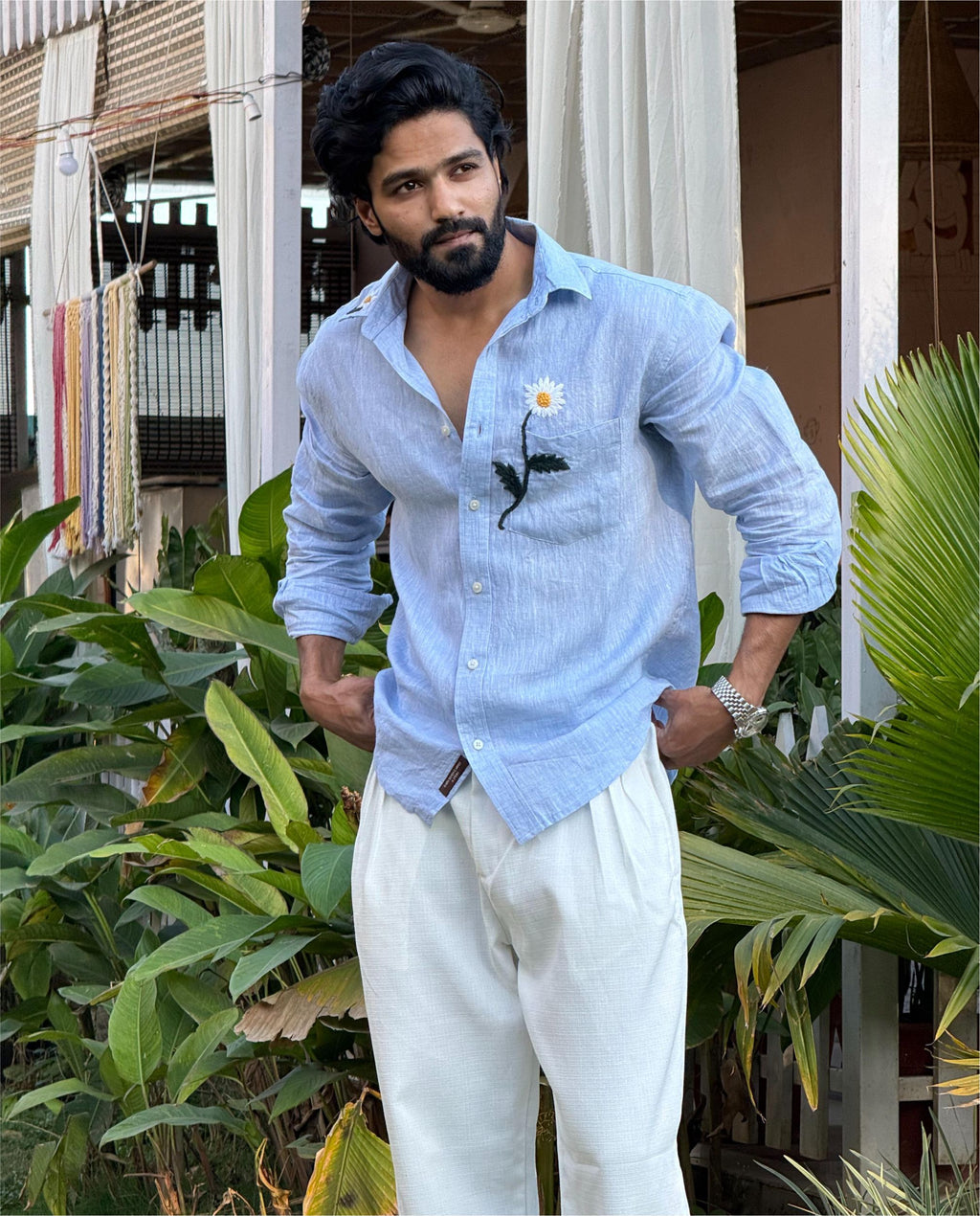 Men’s 100% Linen Shirt – Hand Embroidered Blue