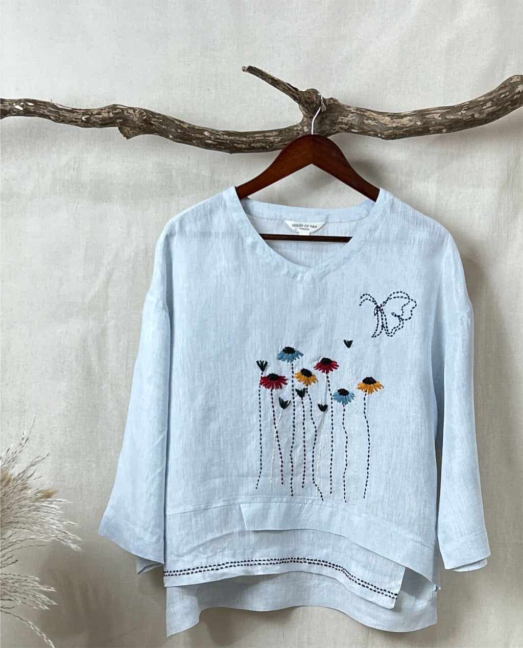 Women 100% Linen Top - Sunflowers Hand embroidery Ice Blue