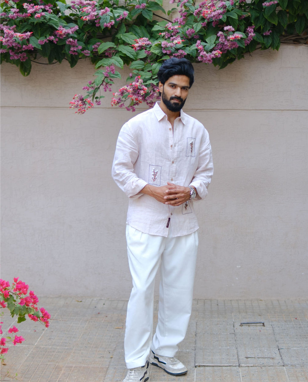 Men’s 100% Linen Shirt – Hand Embroidered Beige