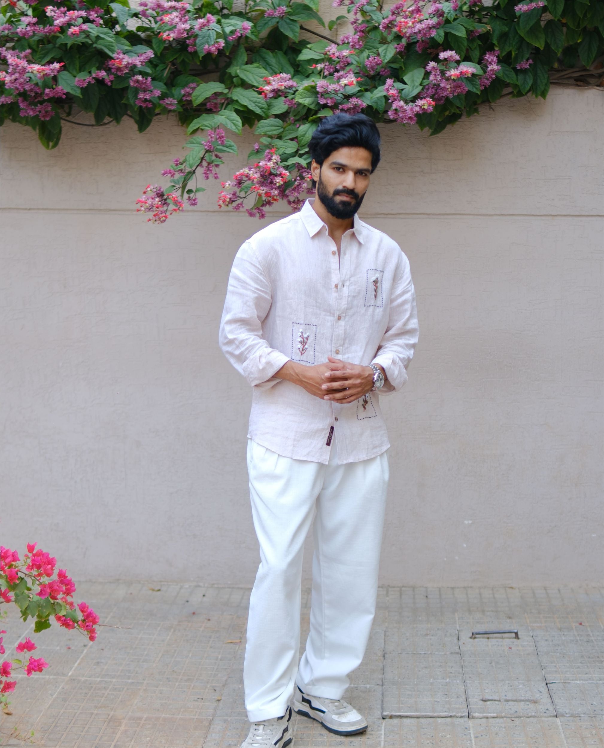 Men’s 100% Linen Shirt – Hand Embroidered Beige