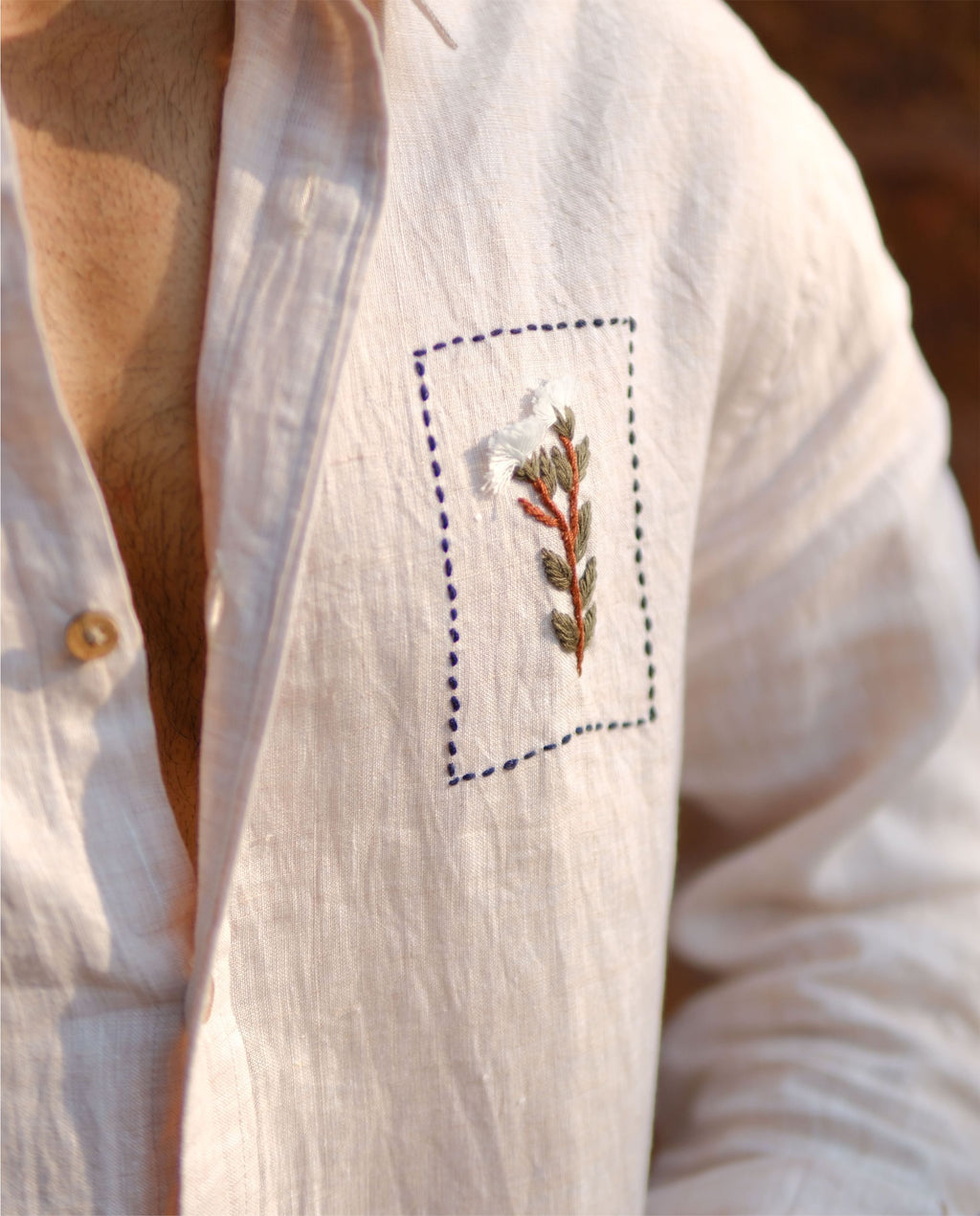 Men’s 100% Linen Shirt – Hand Embroidered Beige