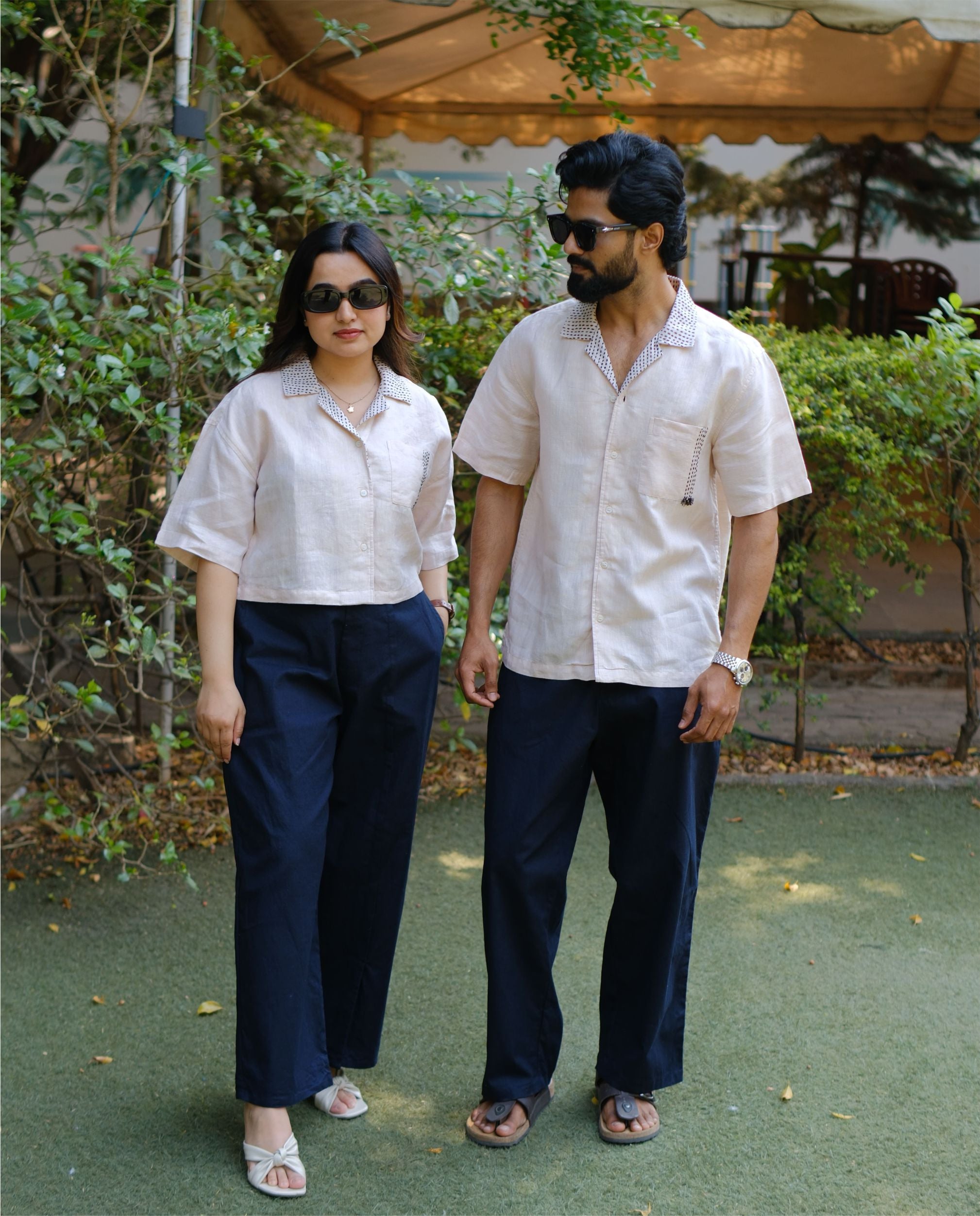 Couple 100% Linen Shirt - Kantha Stich Embroidery Beige