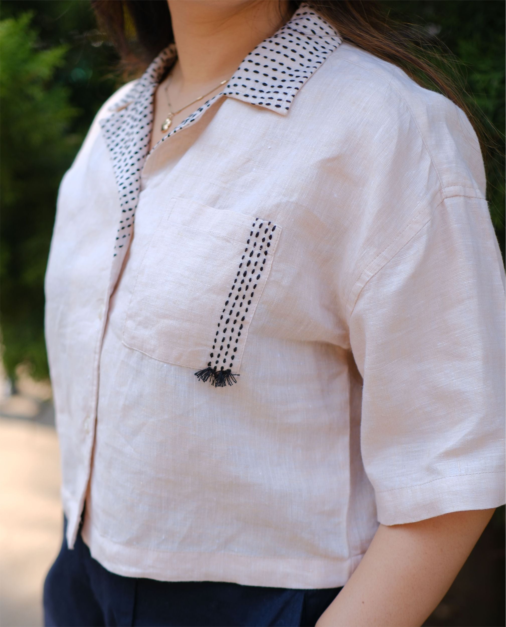 Couple 100% Linen Shirt - Kantha Stich Embroidery Beige