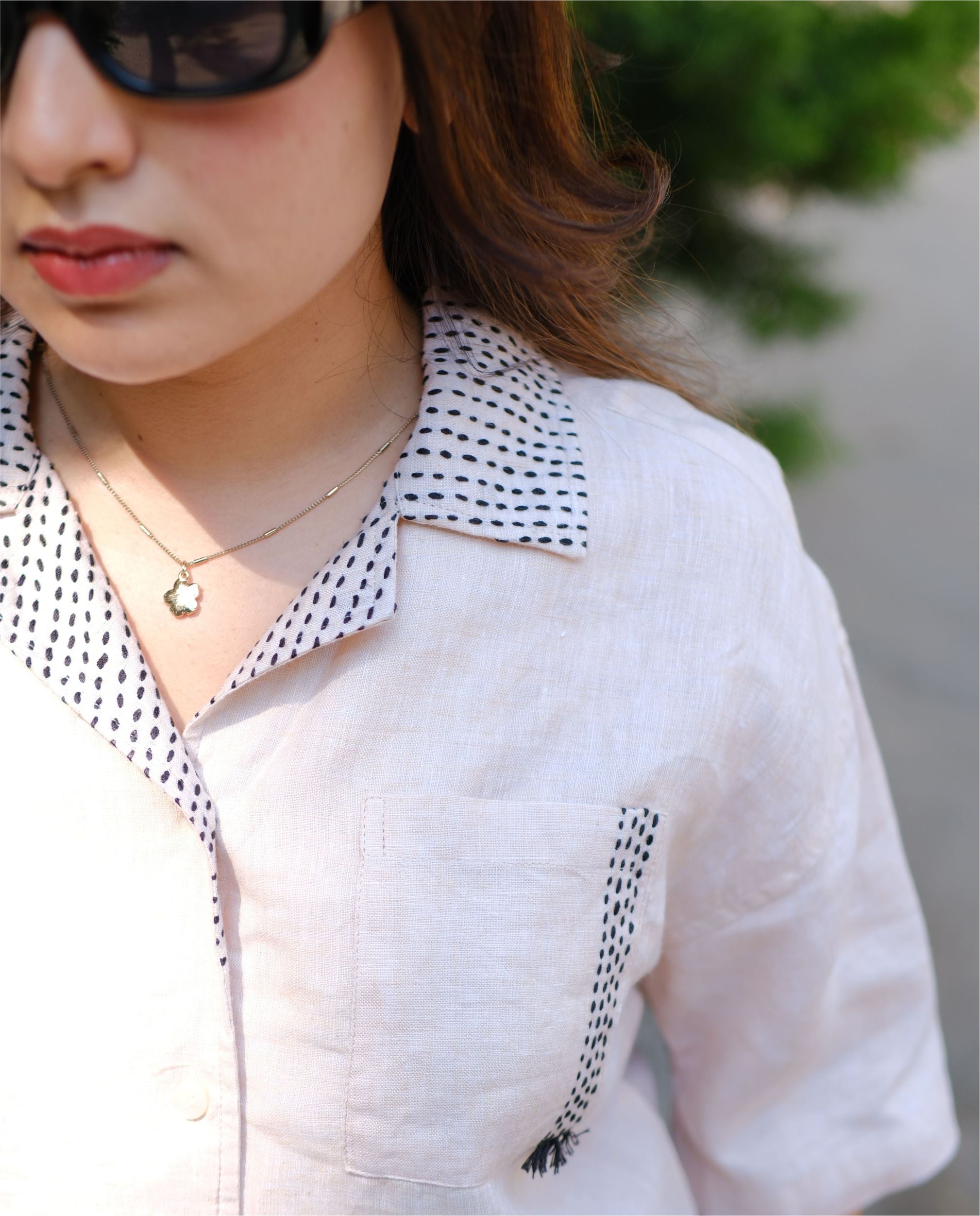 Couple 100% Linen Shirt - Kantha Stich Embroidery Beige