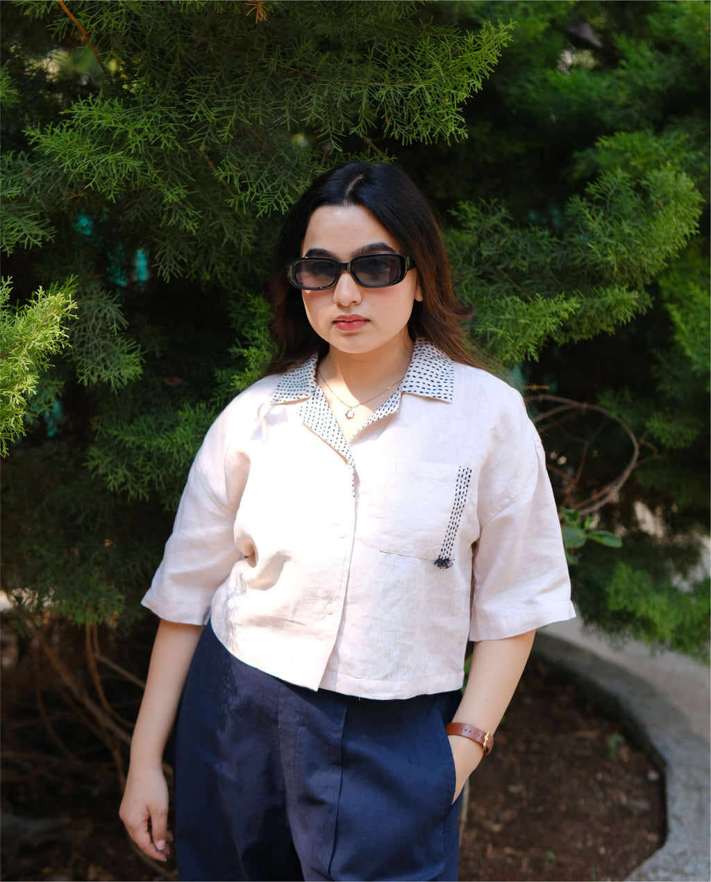 Couple 100% Linen Shirt - Kantha Stich Embroidery Beige