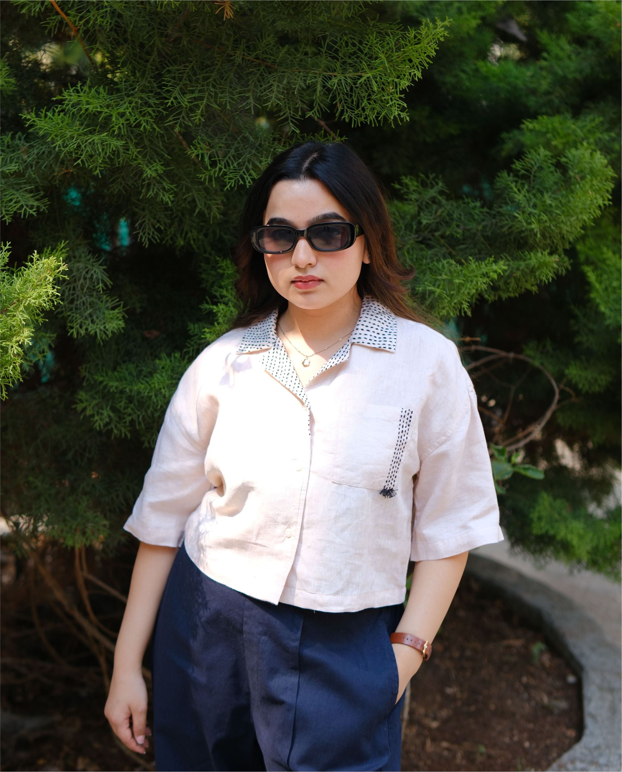 Couple 100% Linen Shirt - Kantha Stich Embroidery Beige
