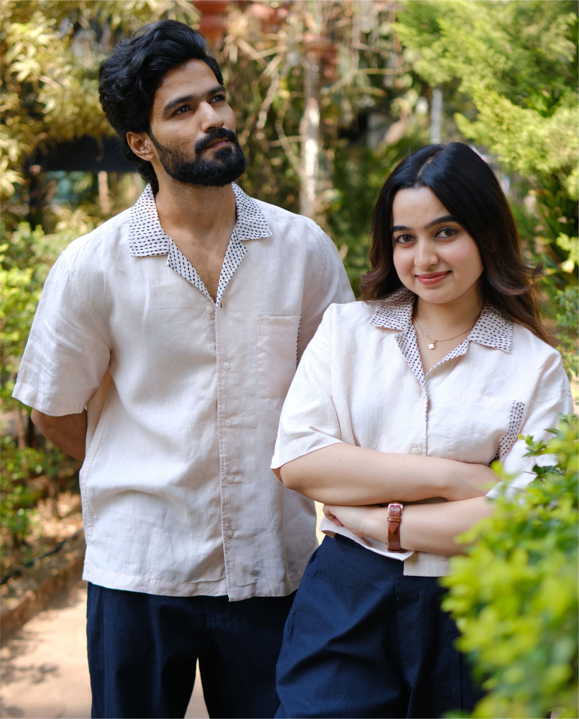 Couple 100% Linen Shirt - Kantha Stich Embroidery Beige