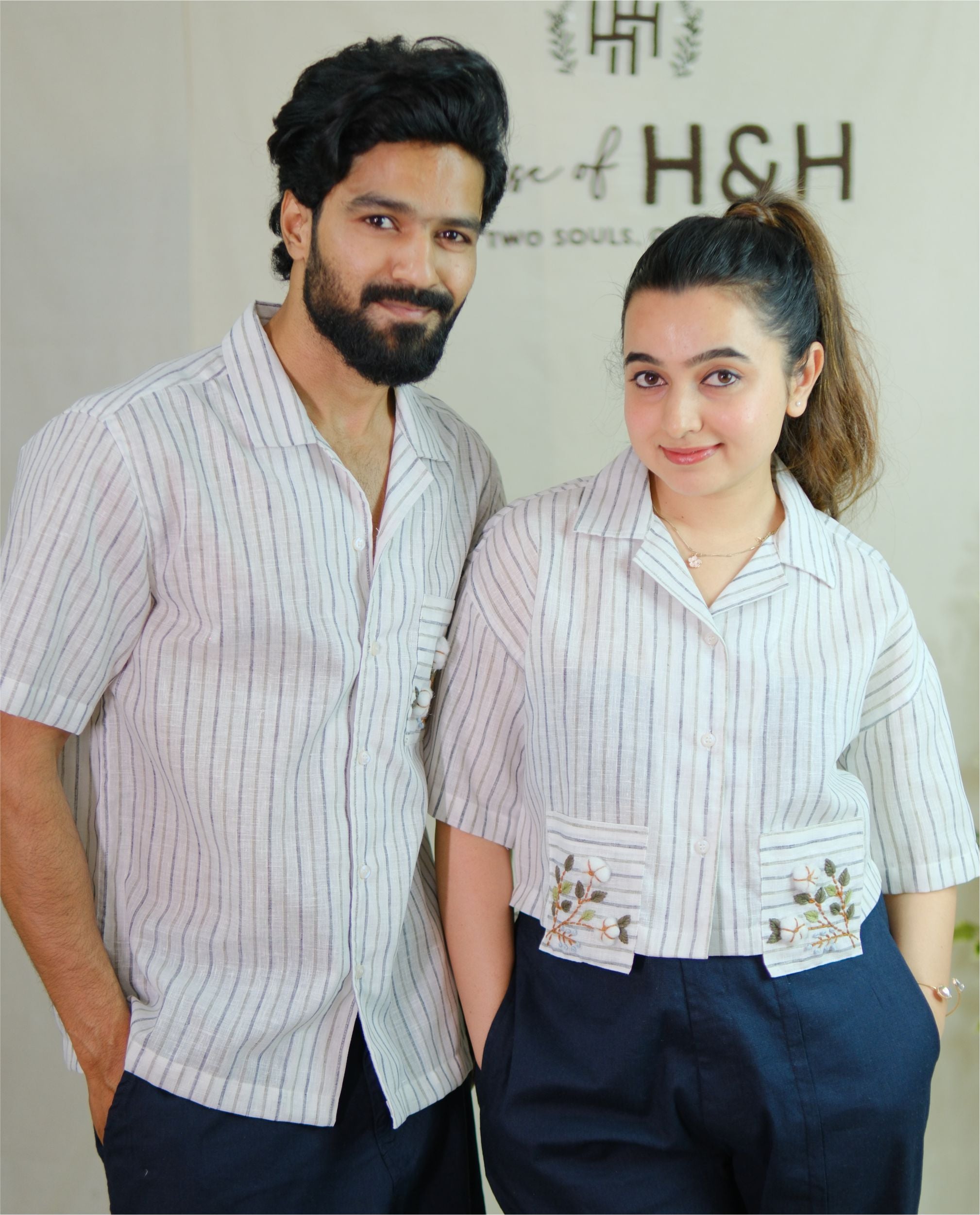 Couple Cotton Linen Shirt – Hand Embroidered Blue Striped